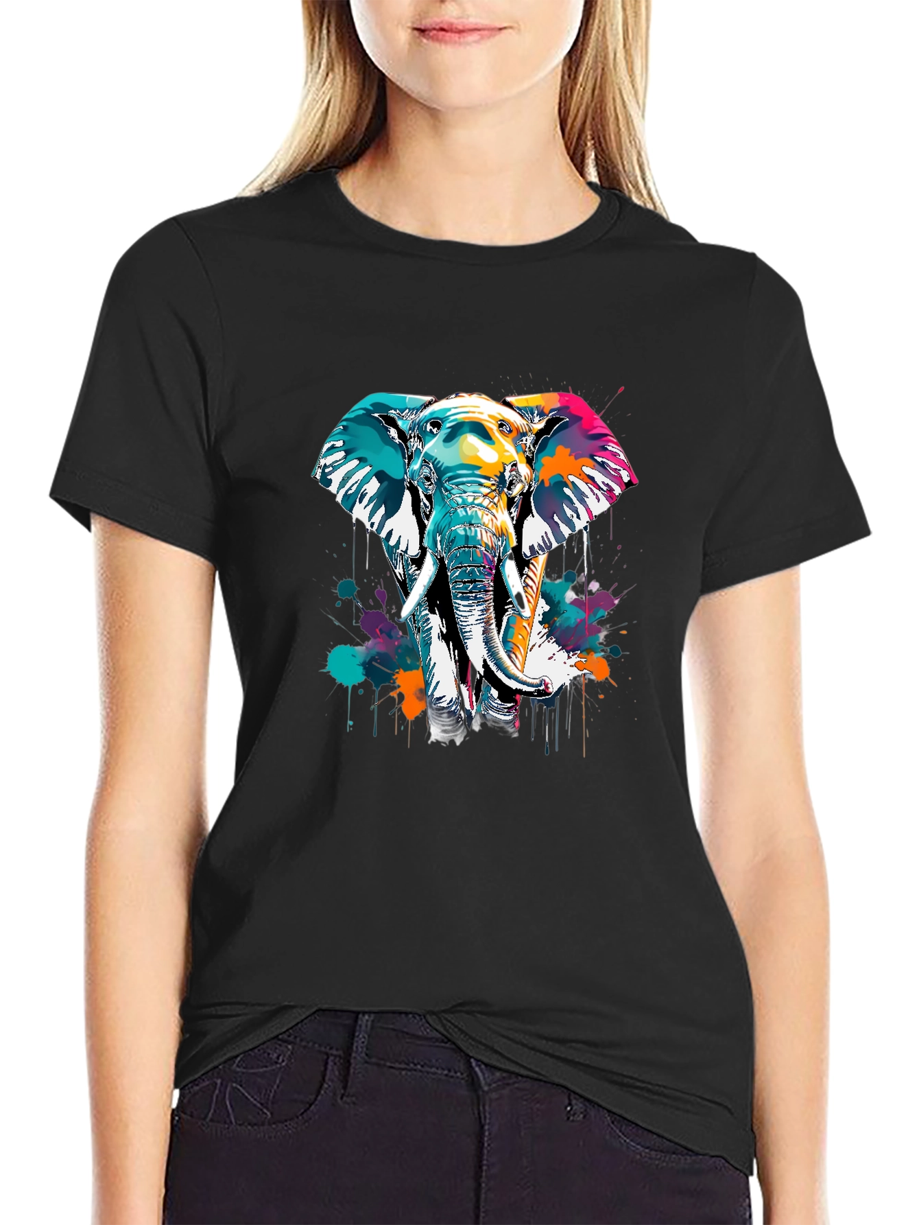Vibrant Elephant Graphic Tee - Black Cotton Comfort