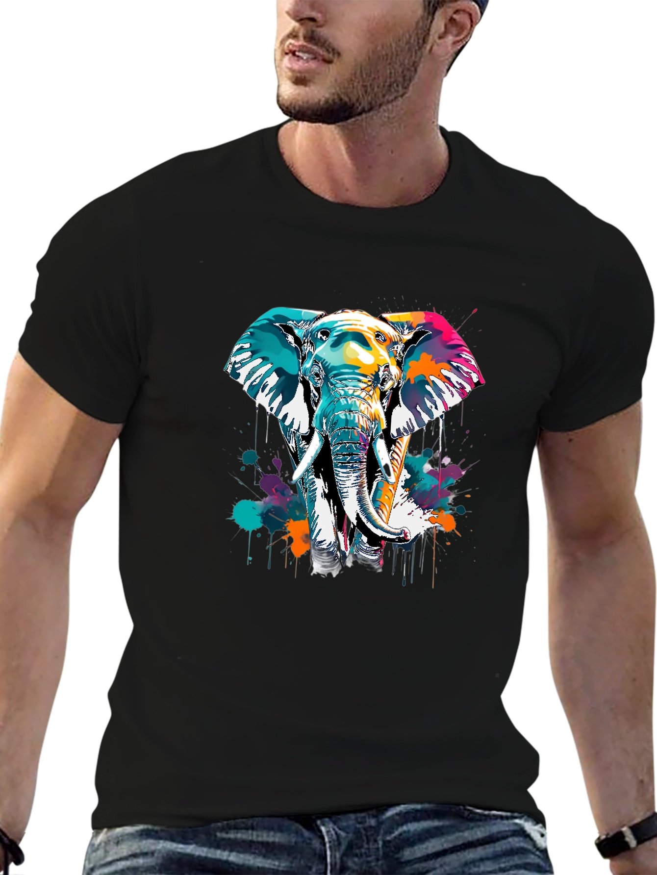 Vibrant Elephant Graphic Tee - Black Cotton Comfort