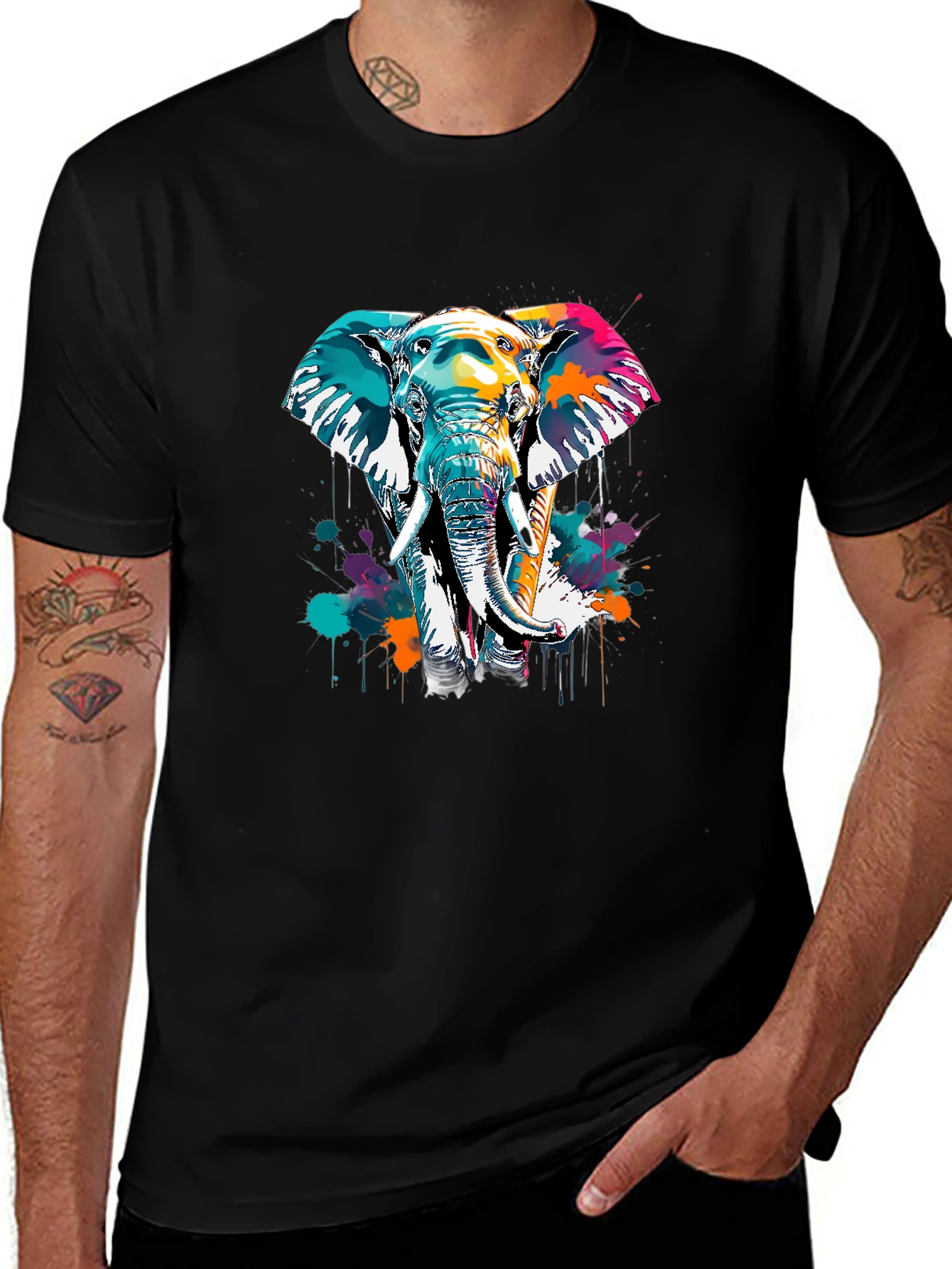 Vibrant Elephant Graphic Tee - Black Cotton Comfort