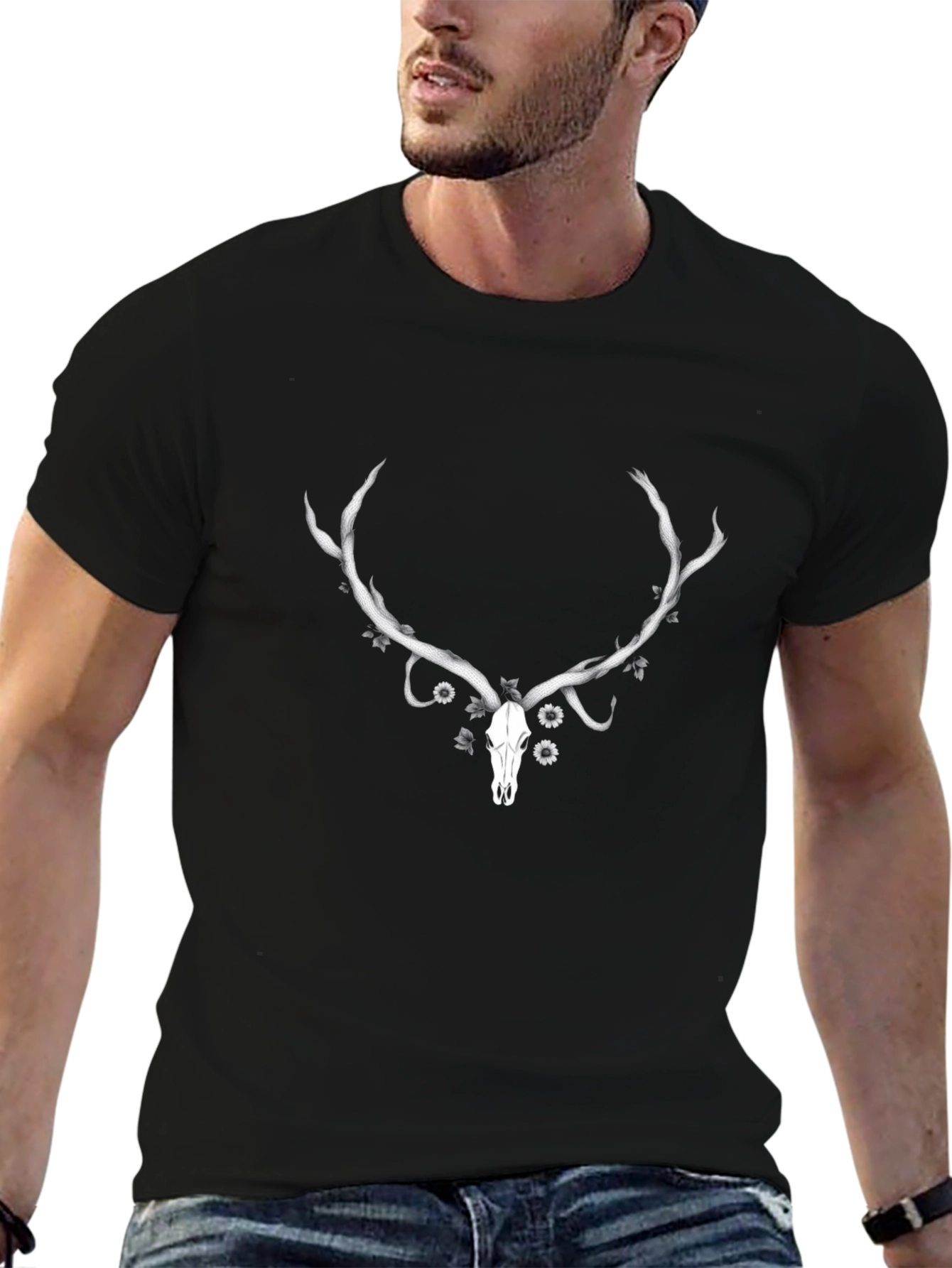 Deer Skull Graphic Tee - Black Cotton T-Shirt