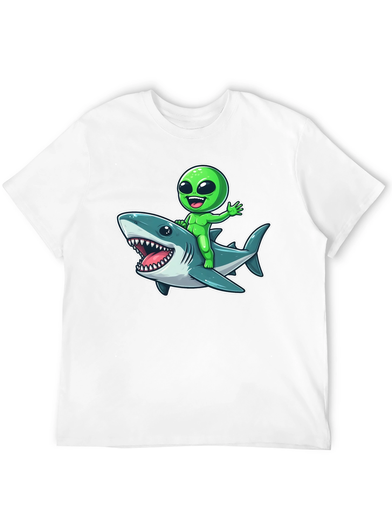 Alien Riding Shark Graphic T-Shirt - Mens Black Tee