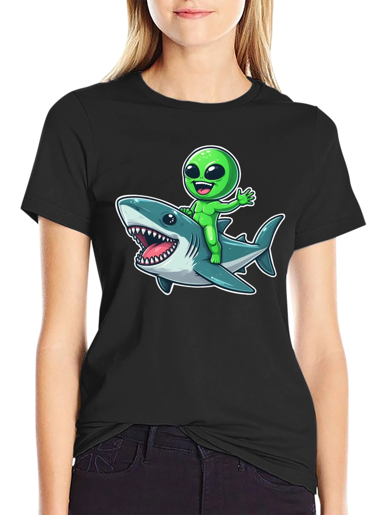 Alien Riding Shark Graphic T-Shirt - Mens Black Tee
