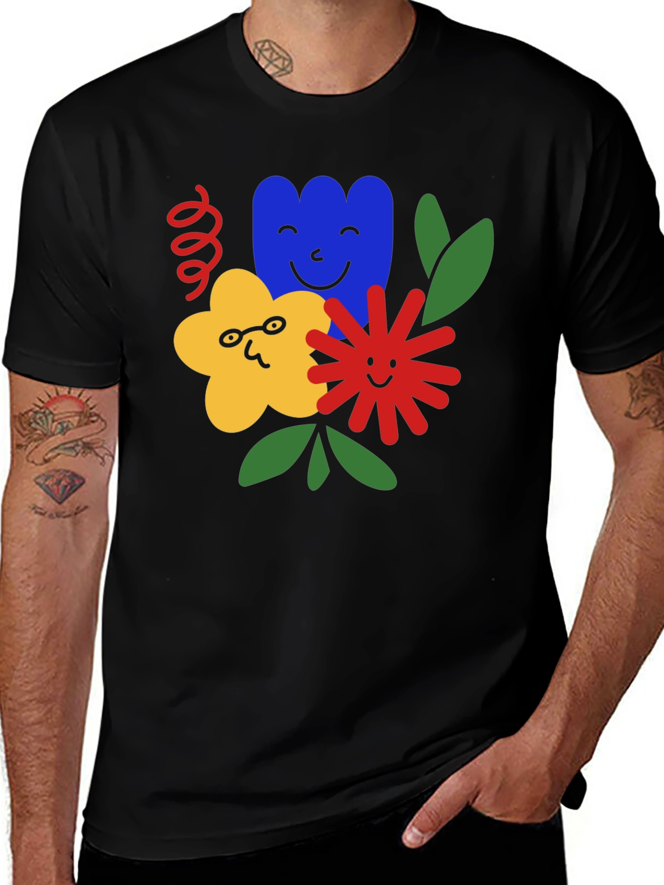 Fun Floral Graphic Tee - Black Cotton T-Shirt