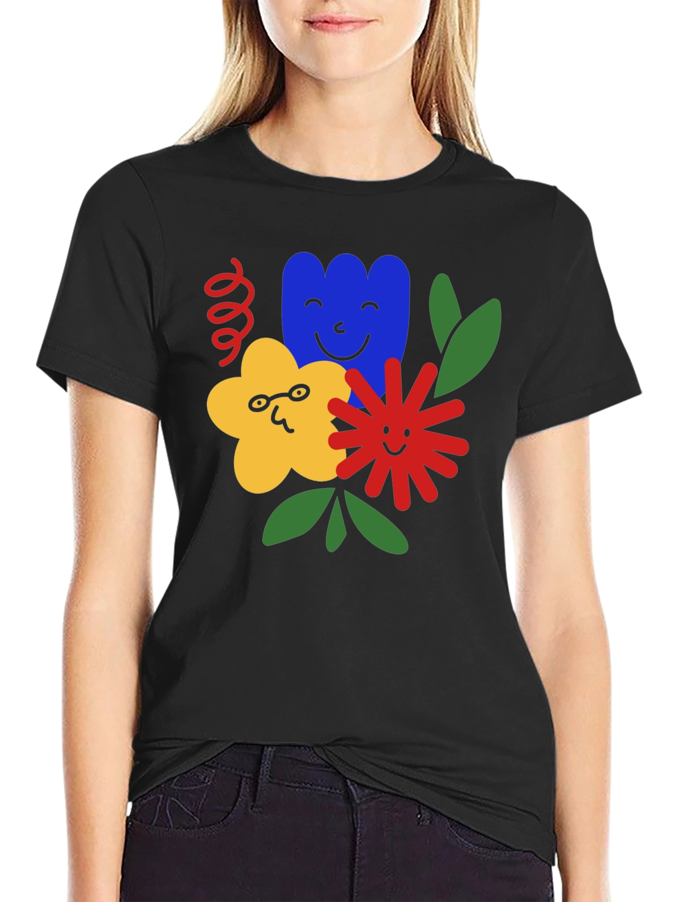 Fun Floral Graphic Tee - Black Cotton T-Shirt