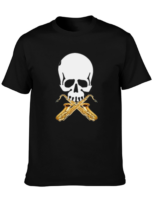 Skull & Saxophone Graphic Tee - Black Cotton T-Shirt