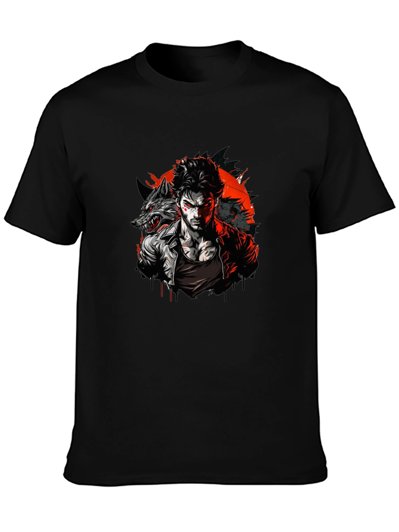 Wolf Man Graphic T-Shirt - Black Crew Neck Tee