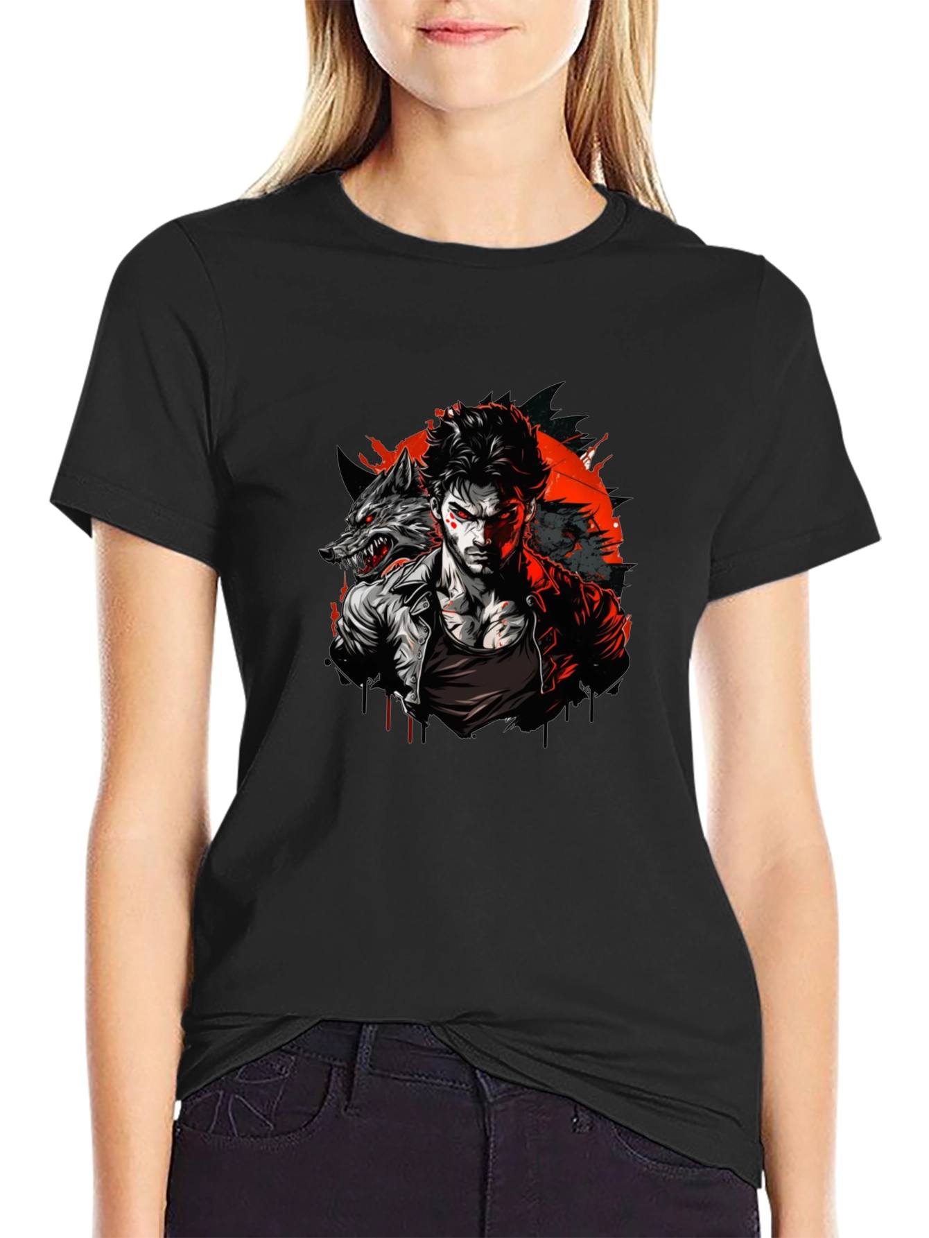 Wolf Man Graphic T-Shirt - Black Crew Neck Tee