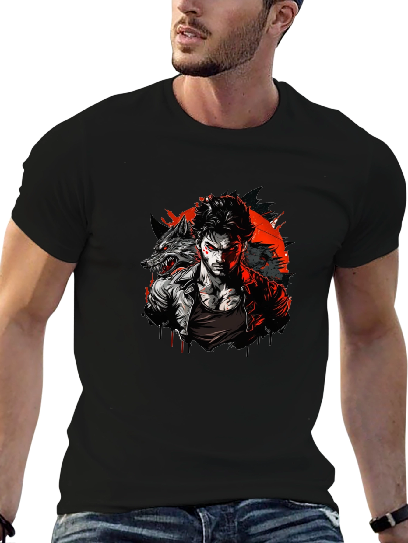 Wolf Man Graphic T-Shirt - Black Crew Neck Tee
