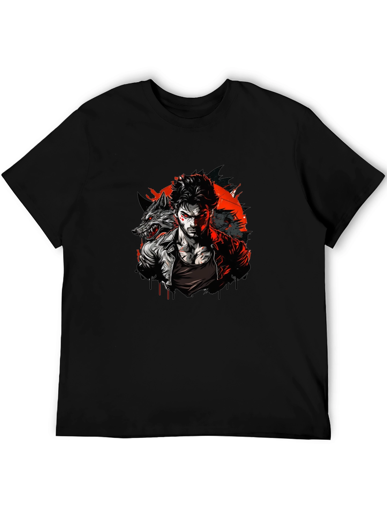 Wolf Man Graphic T-Shirt - Black Crew Neck Tee