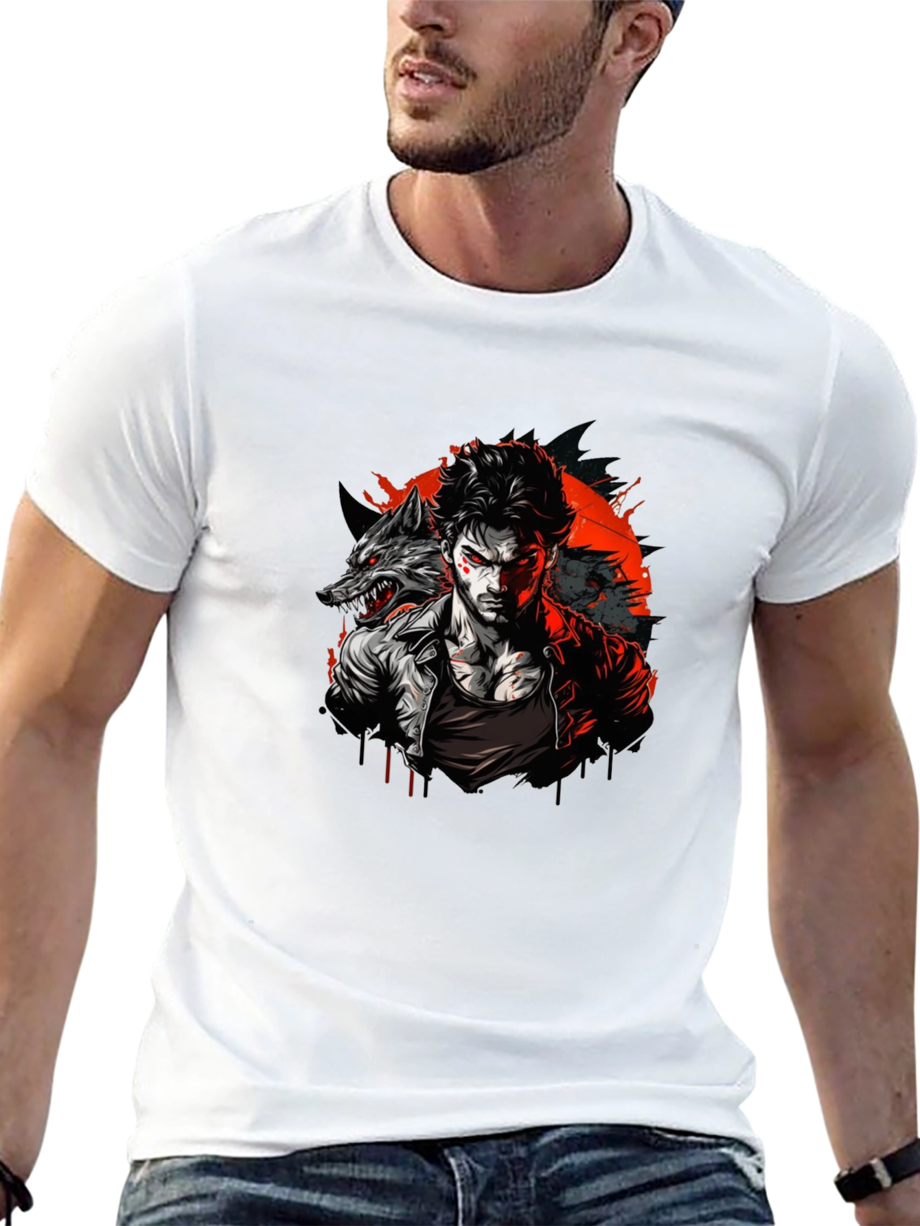 Wolf Man Graphic T-Shirt - Black Crew Neck Tee