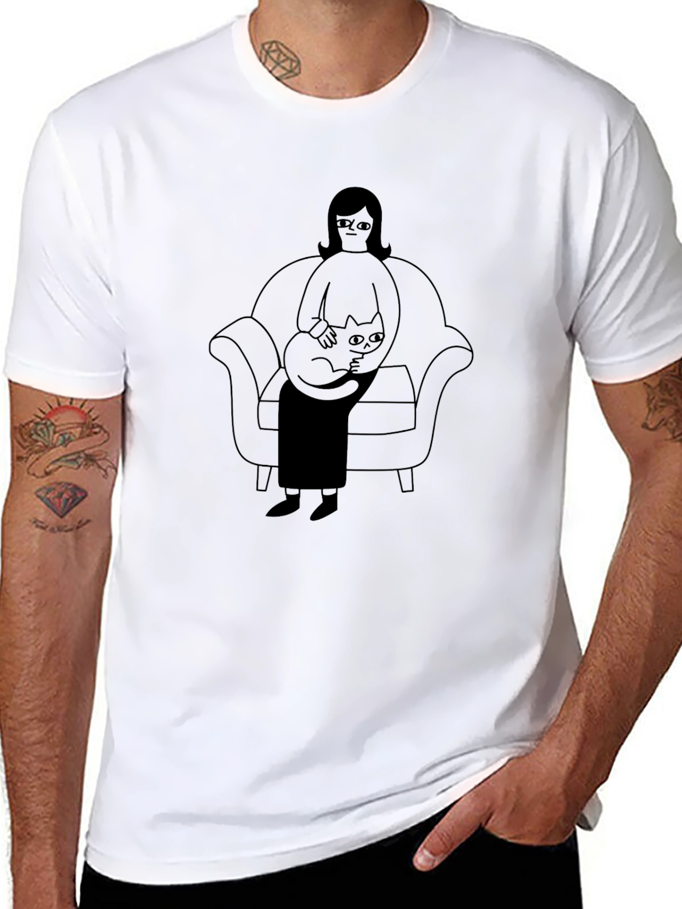 Casual Black T-Shirt with Cat Lady Graphic