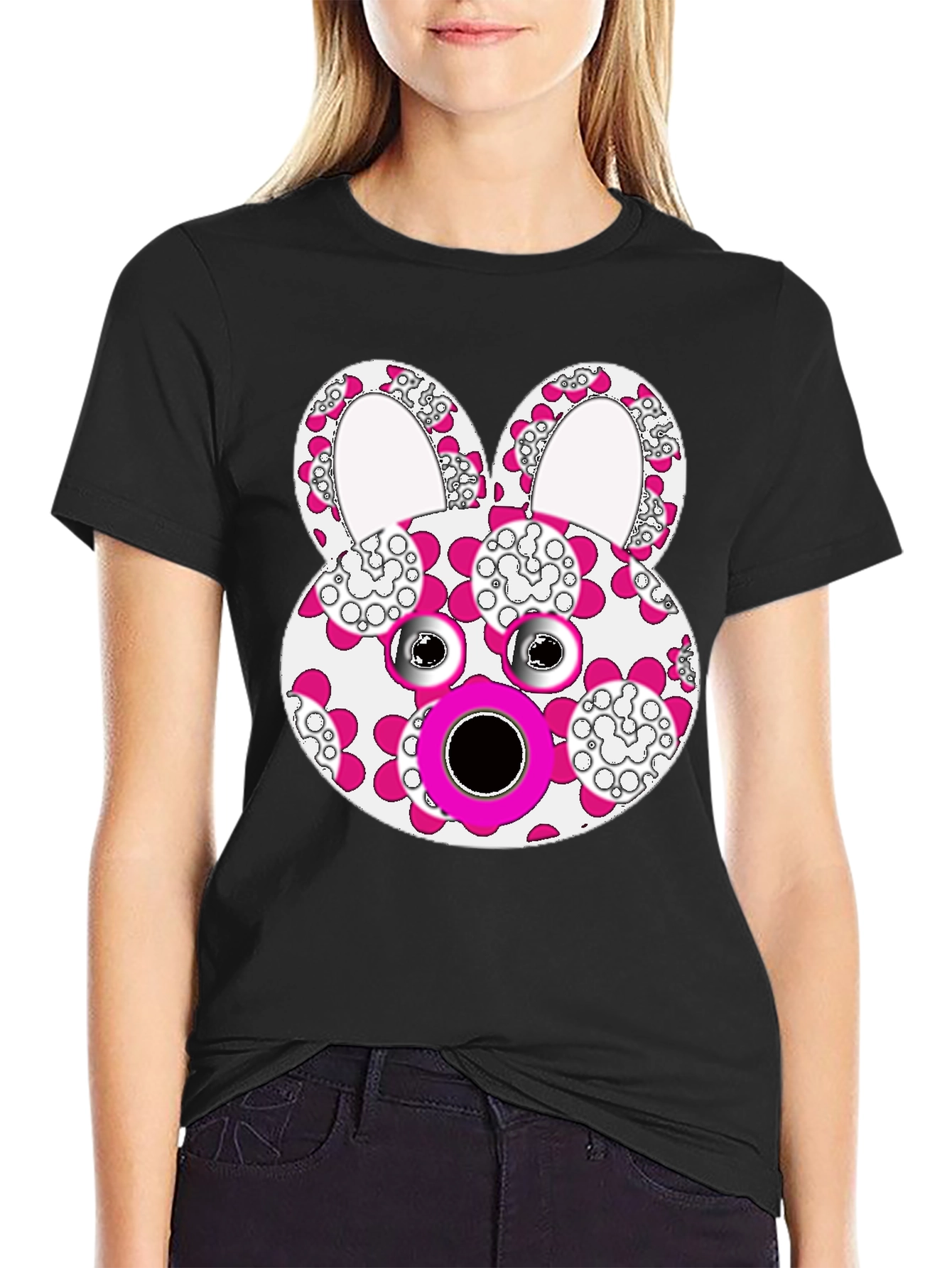 Floral Bunny Graphic Tee - Black Cotton Blend