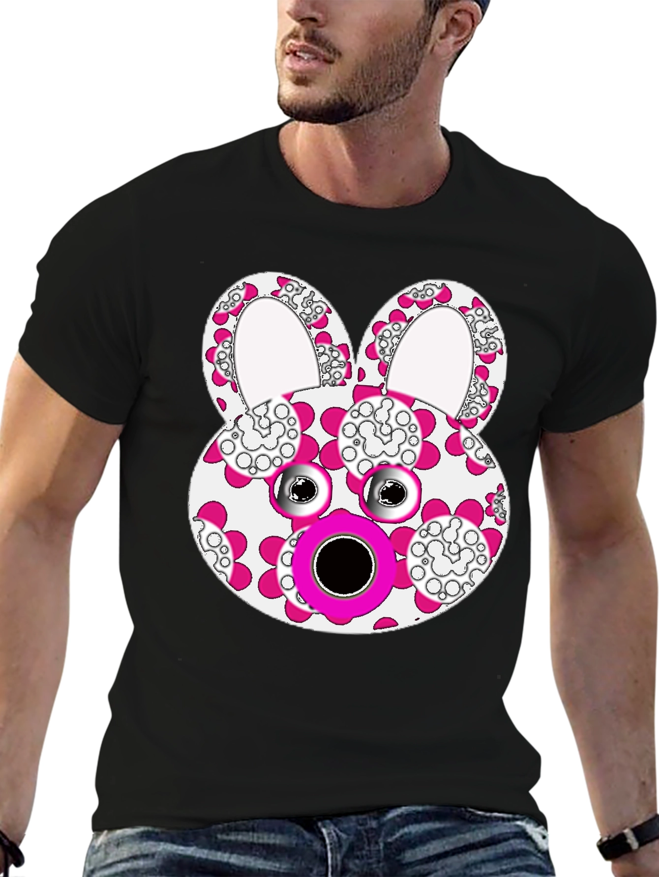 Floral Bunny Graphic Tee - Black Cotton Blend