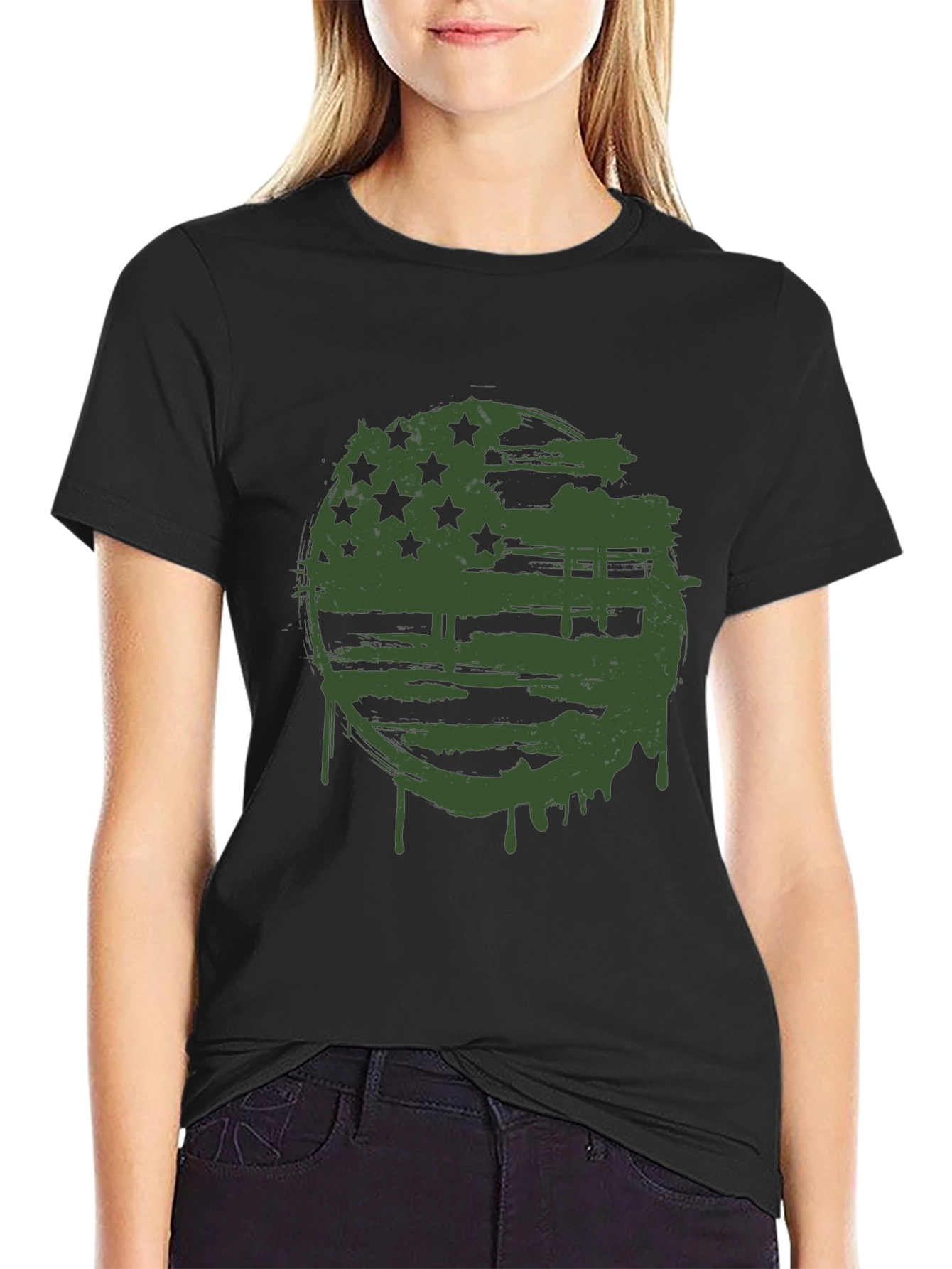 Grunge American Flag Graphic Tee - Black Cotton Blend