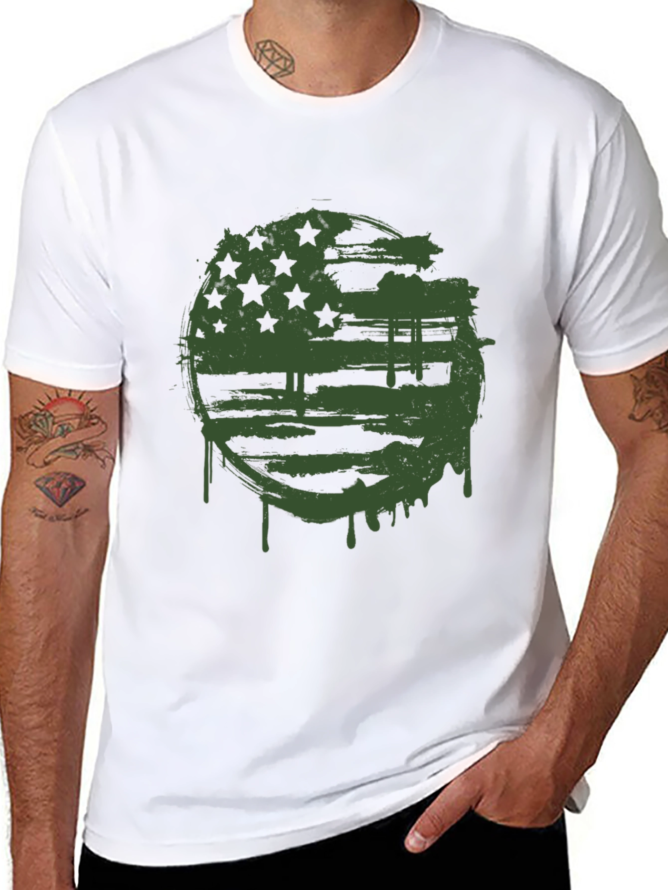 Grunge American Flag Graphic Tee - Black Cotton Blend