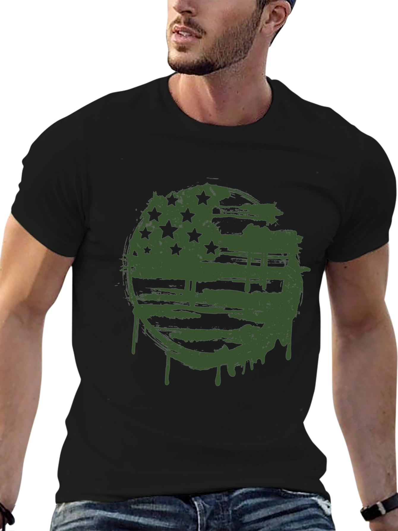 Grunge American Flag Graphic Tee - Black Cotton Blend