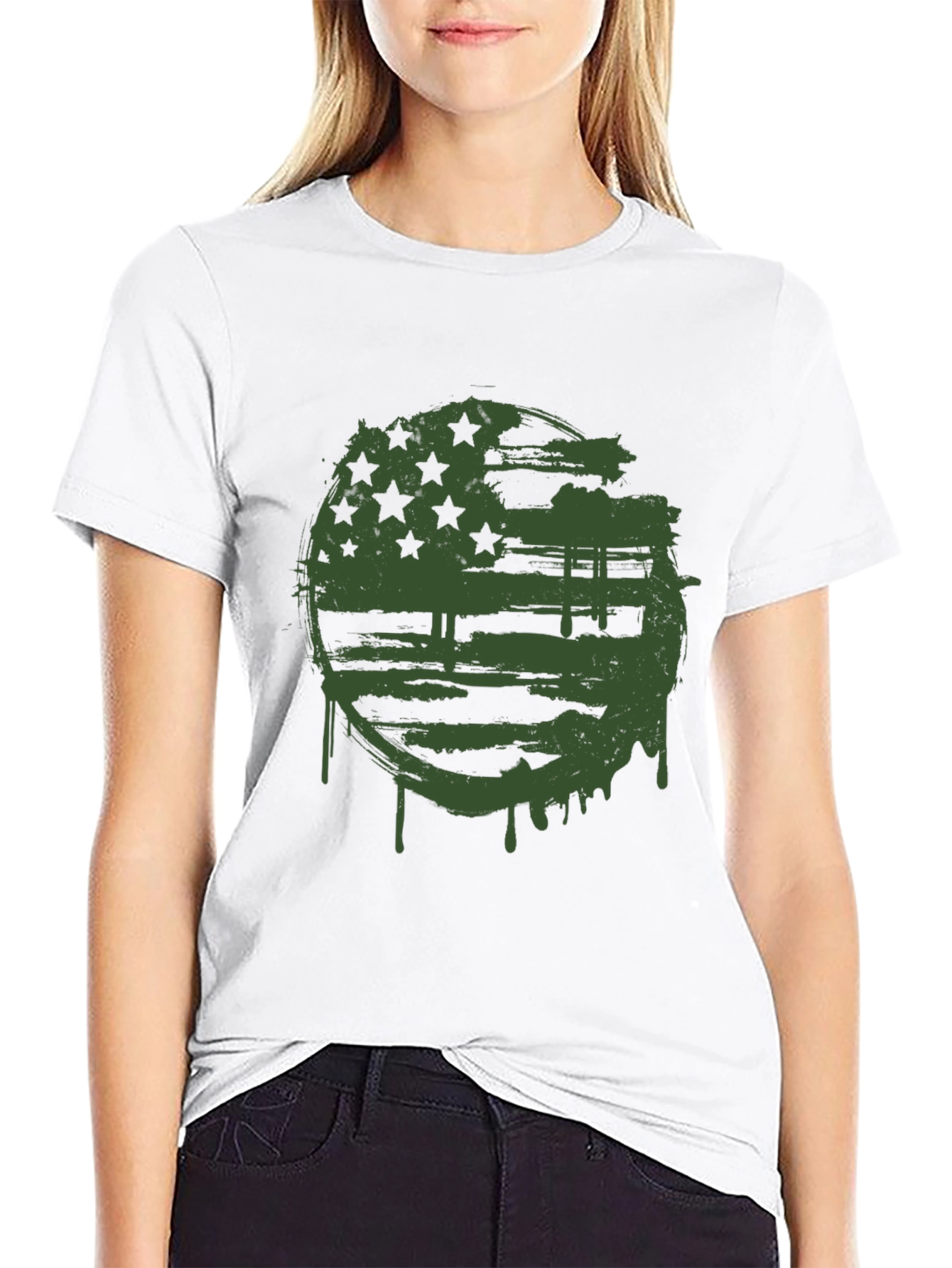 Grunge American Flag Graphic Tee - Black Cotton Blend