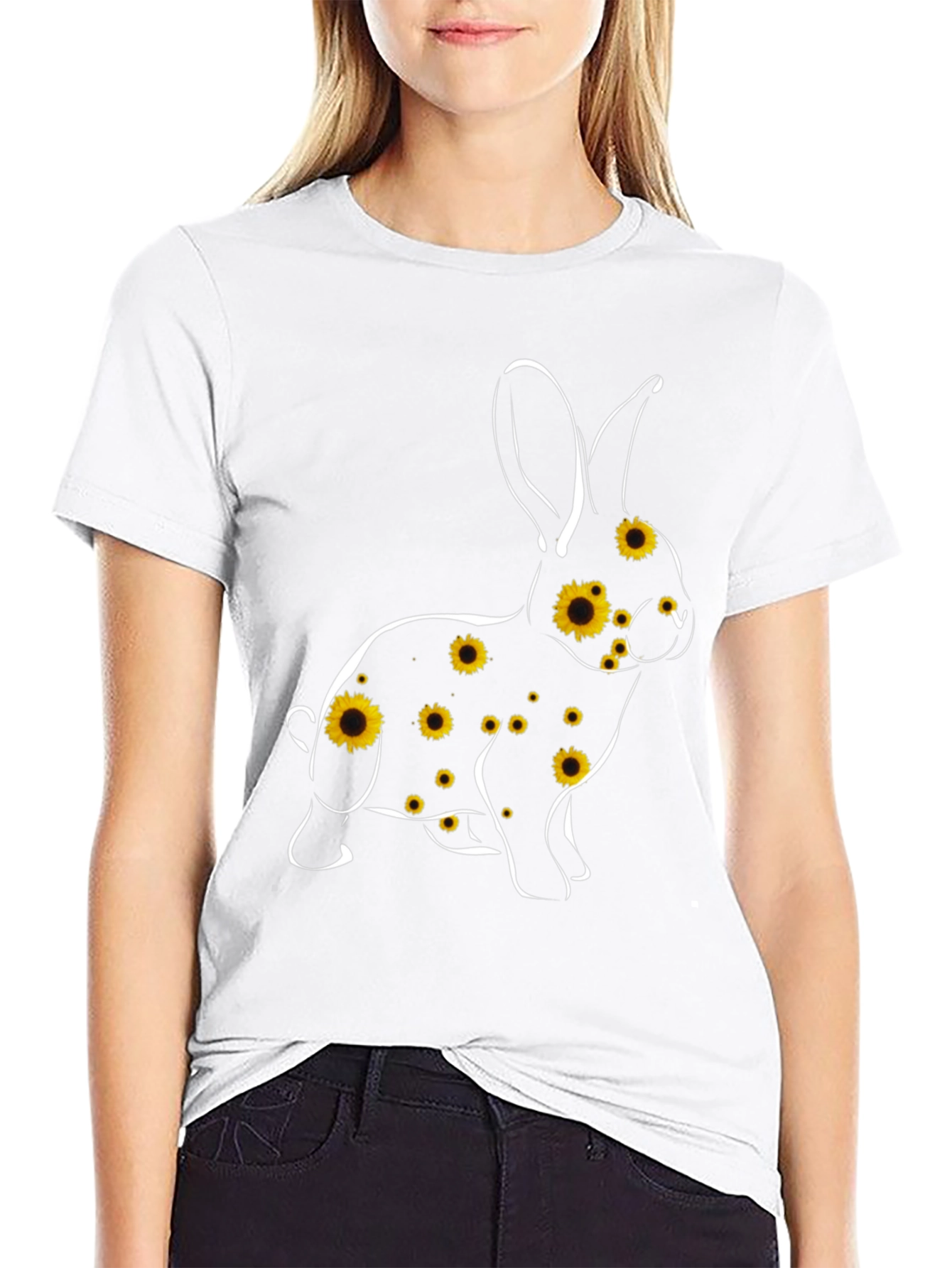 Sunflower Bunny Graphic Tee - Black Cotton Blend