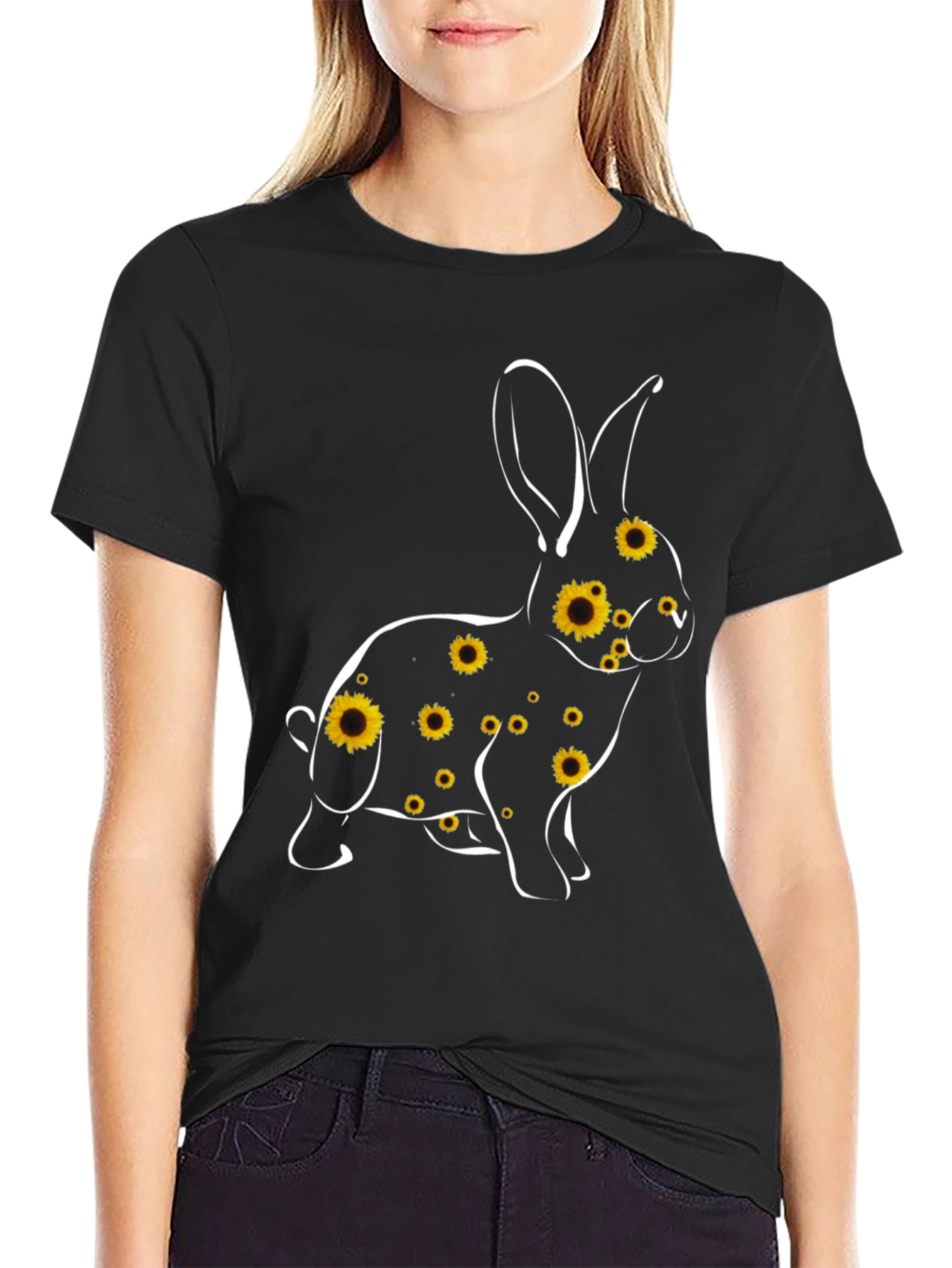 Sunflower Bunny Graphic Tee - Black Cotton Blend