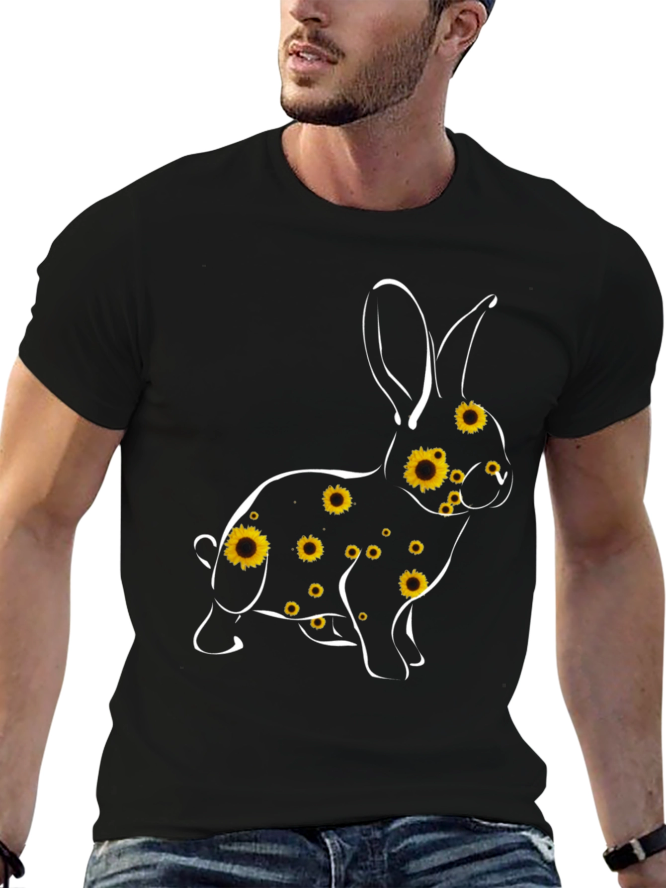 Sunflower Bunny Graphic Tee - Black Cotton Blend