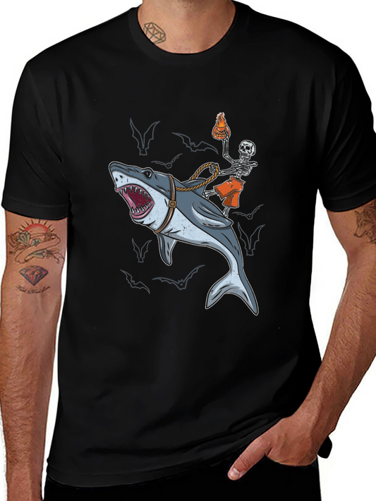 Shark Rider T-Shirt: Skeleton & Shark Graphic Tee