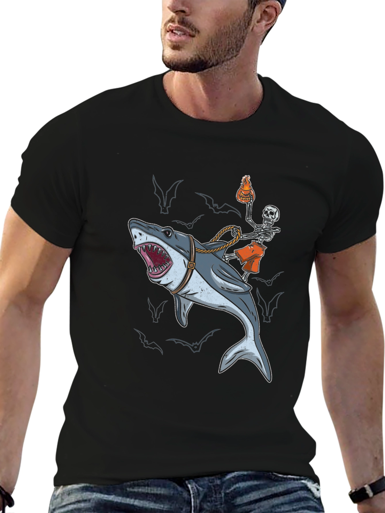 Shark Rider T-Shirt: Skeleton & Shark Graphic Tee