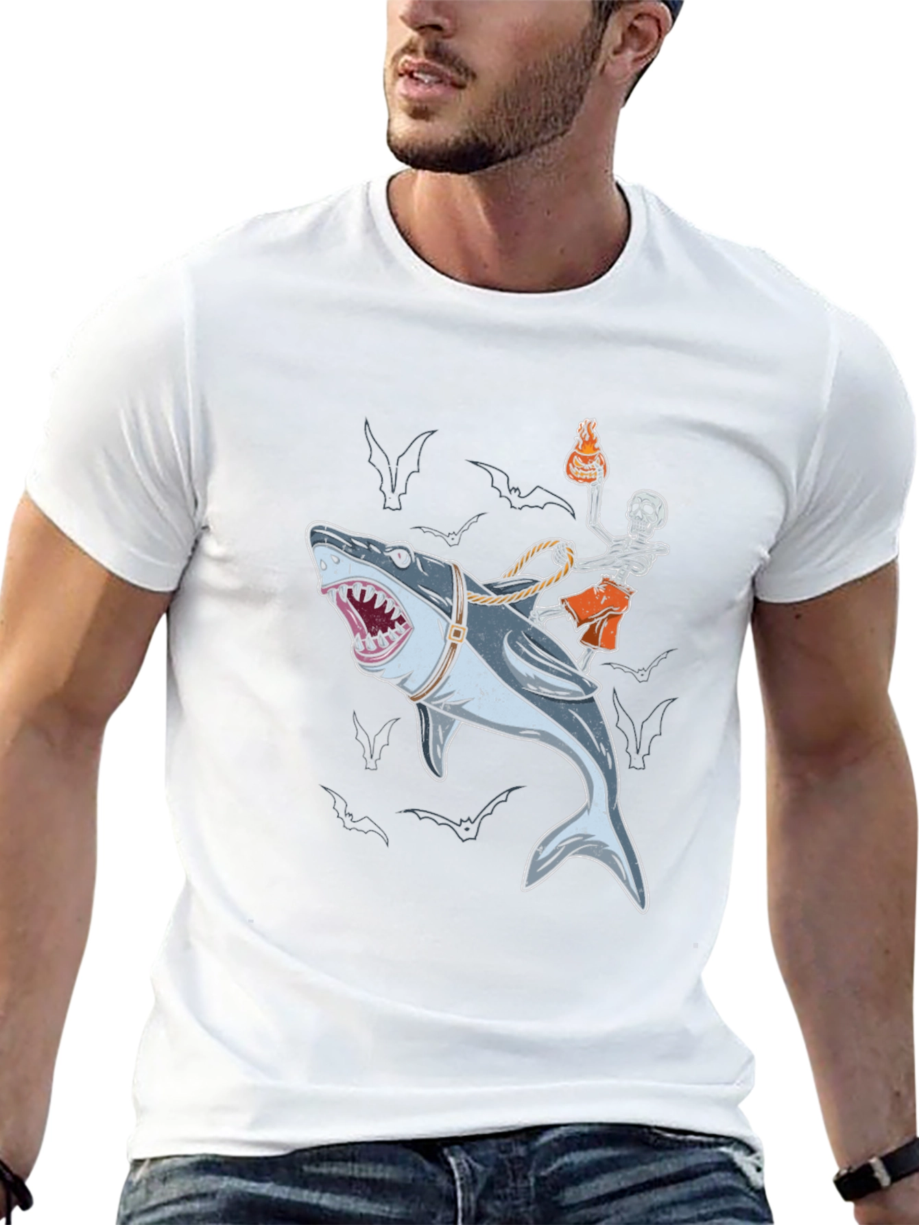 Shark Rider T-Shirt: Skeleton & Shark Graphic Tee