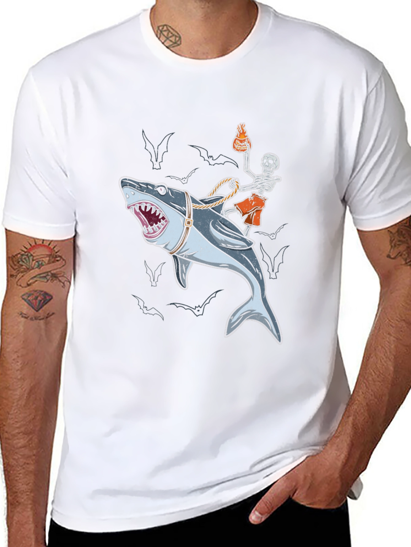Shark Rider T-Shirt: Skeleton & Shark Graphic Tee