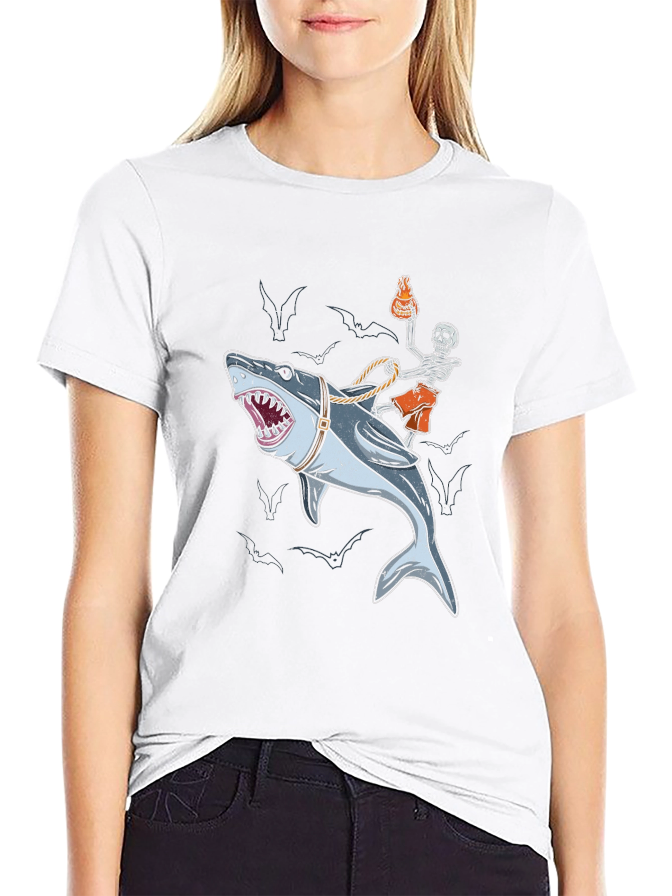 Shark Rider T-Shirt: Skeleton & Shark Graphic Tee