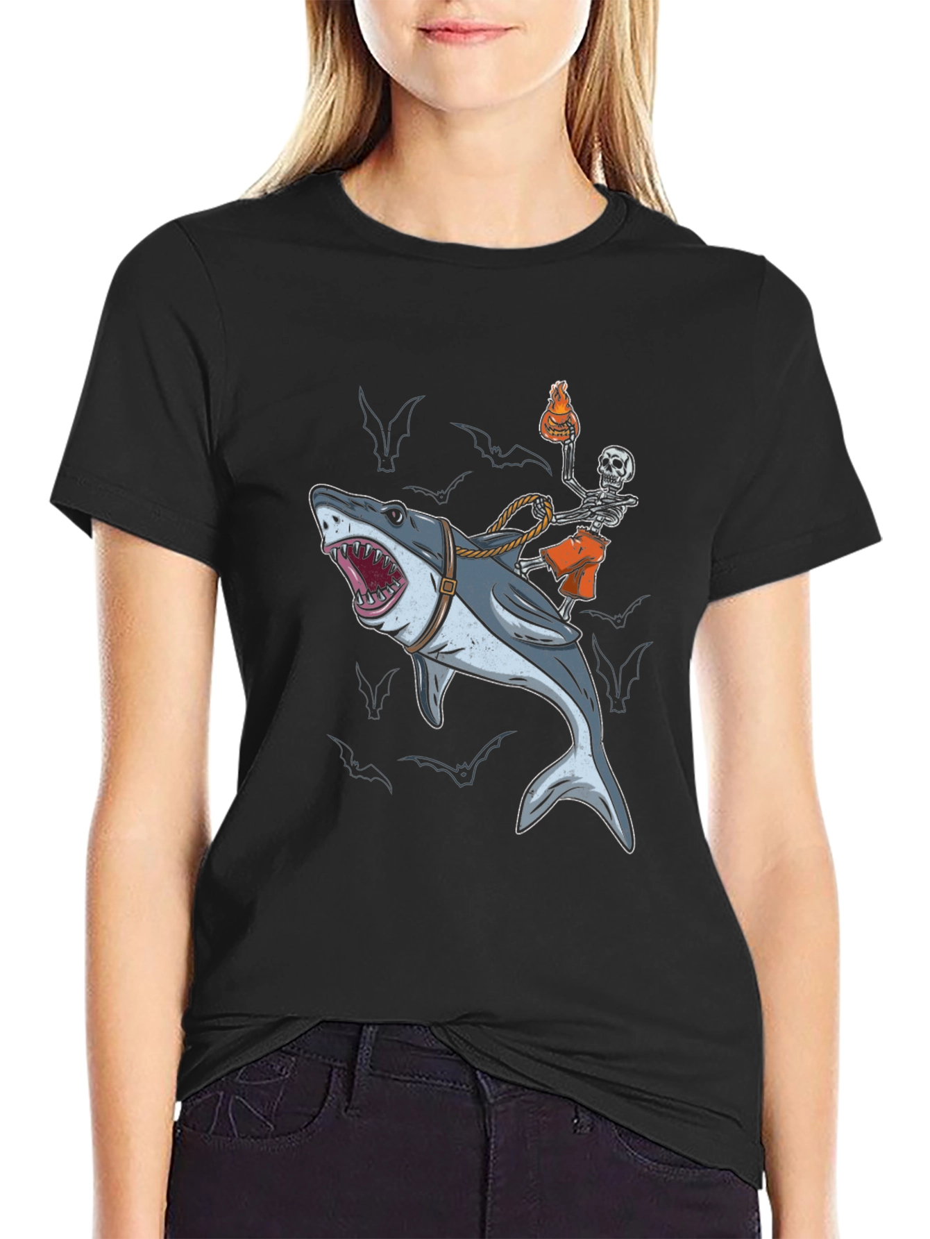 Shark Rider T-Shirt: Skeleton & Shark Graphic Tee