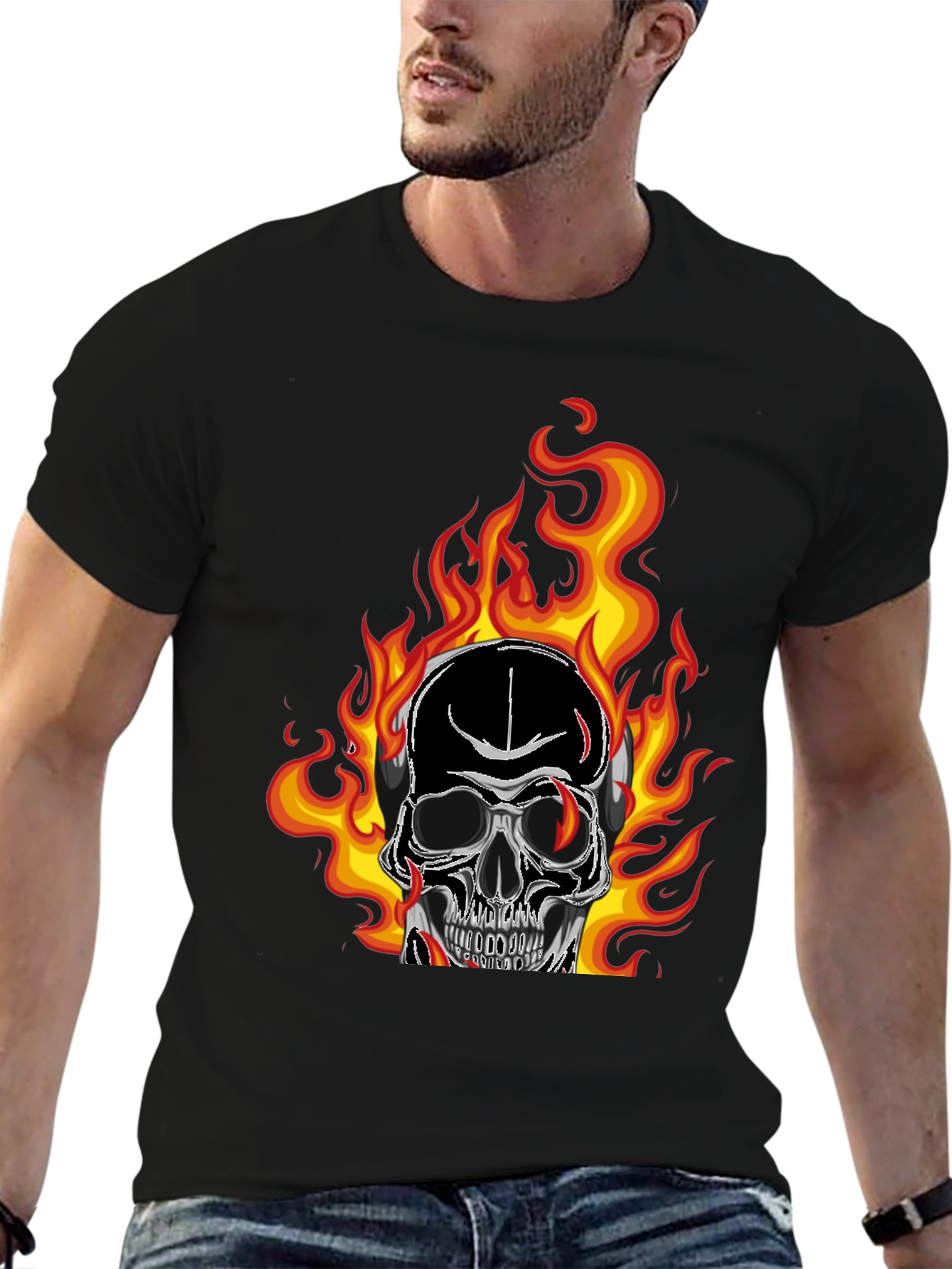 Flaming Skull Graphic Tee - Black Cotton T-Shirt