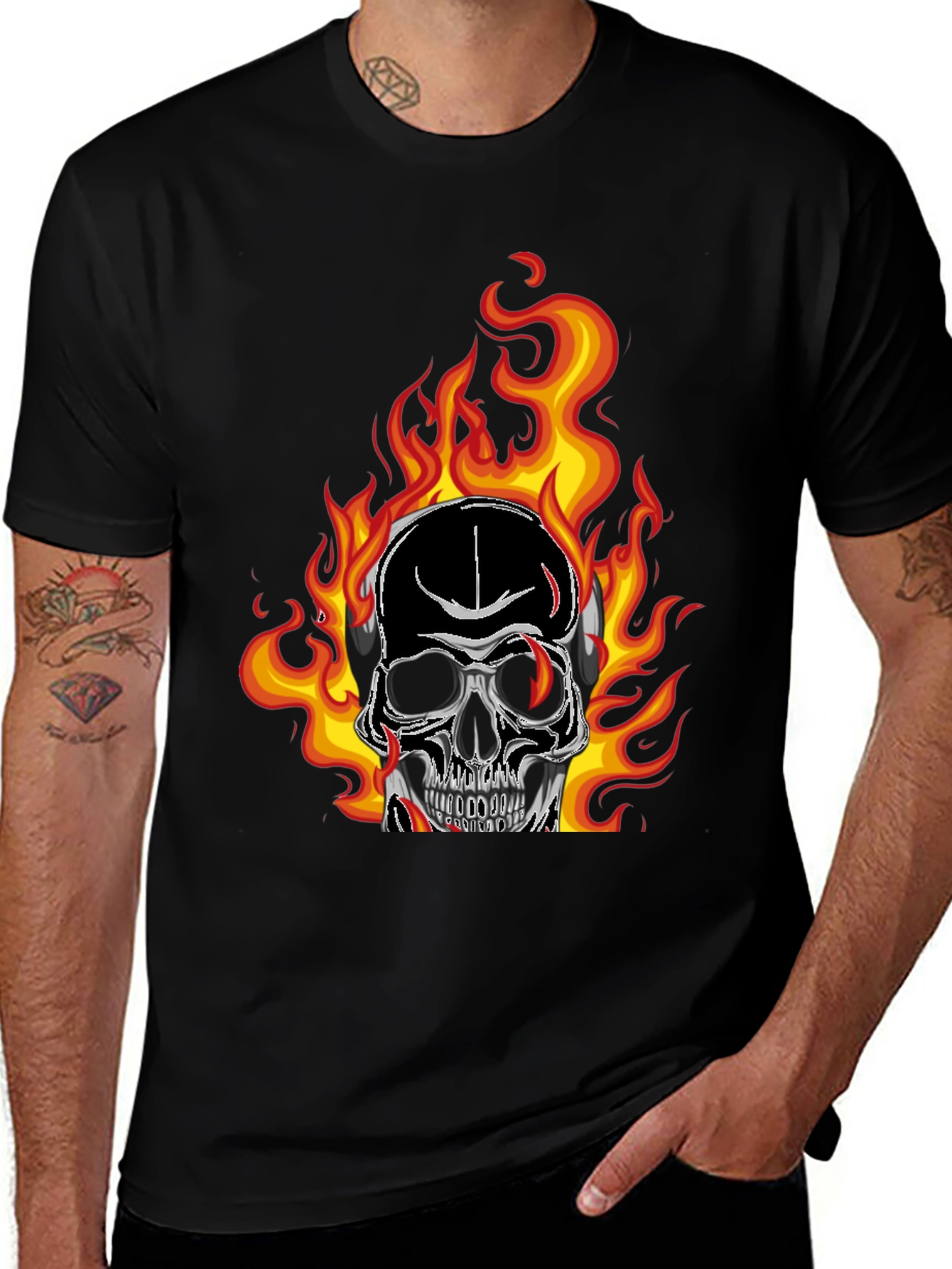 Flaming Skull Graphic Tee - Black Cotton T-Shirt