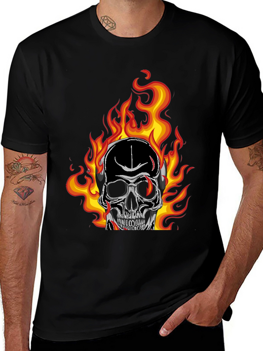 Flaming Skull Graphic Tee - Black Cotton T-Shirt