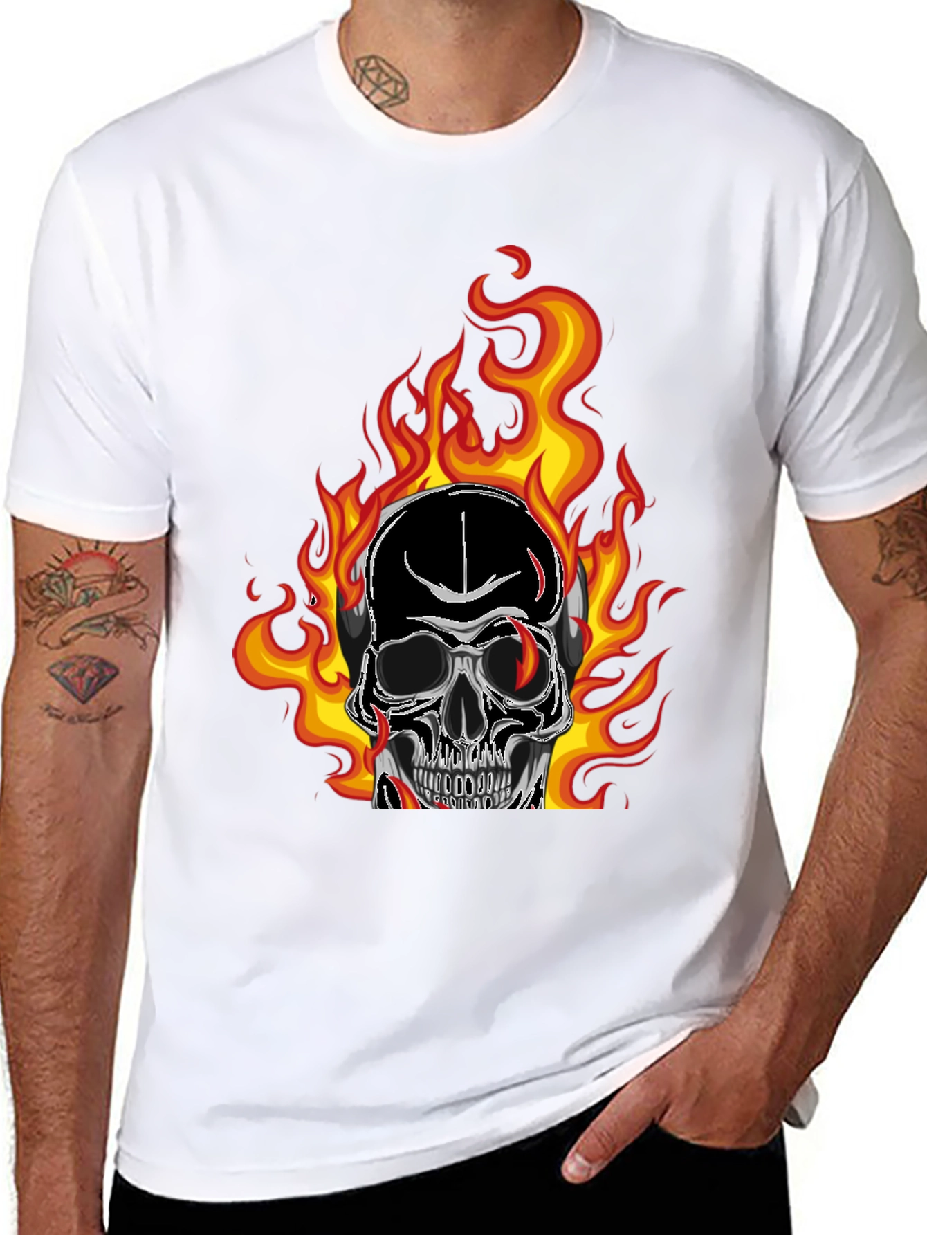 Flaming Skull Graphic Tee - Black Cotton T-Shirt