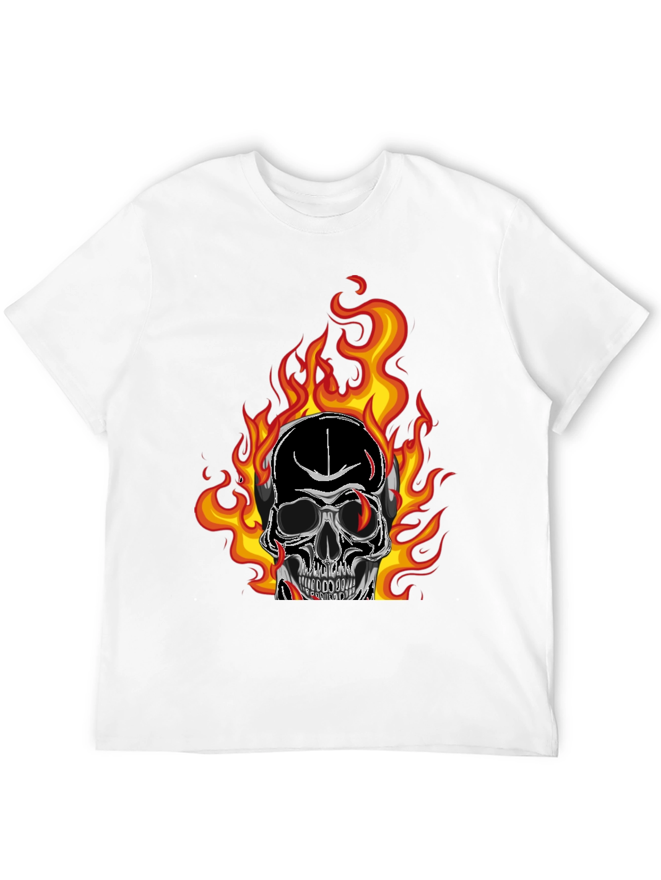 Flaming Skull Graphic Tee - Black Cotton T-Shirt