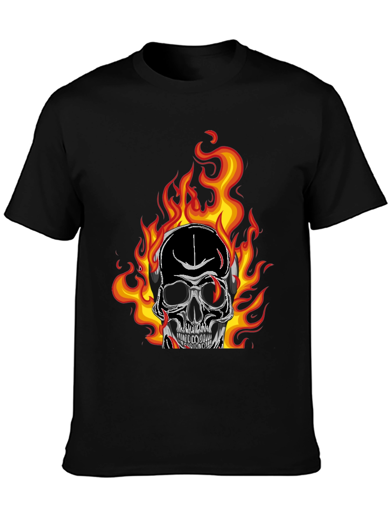 Flaming Skull Graphic Tee - Black Cotton T-Shirt