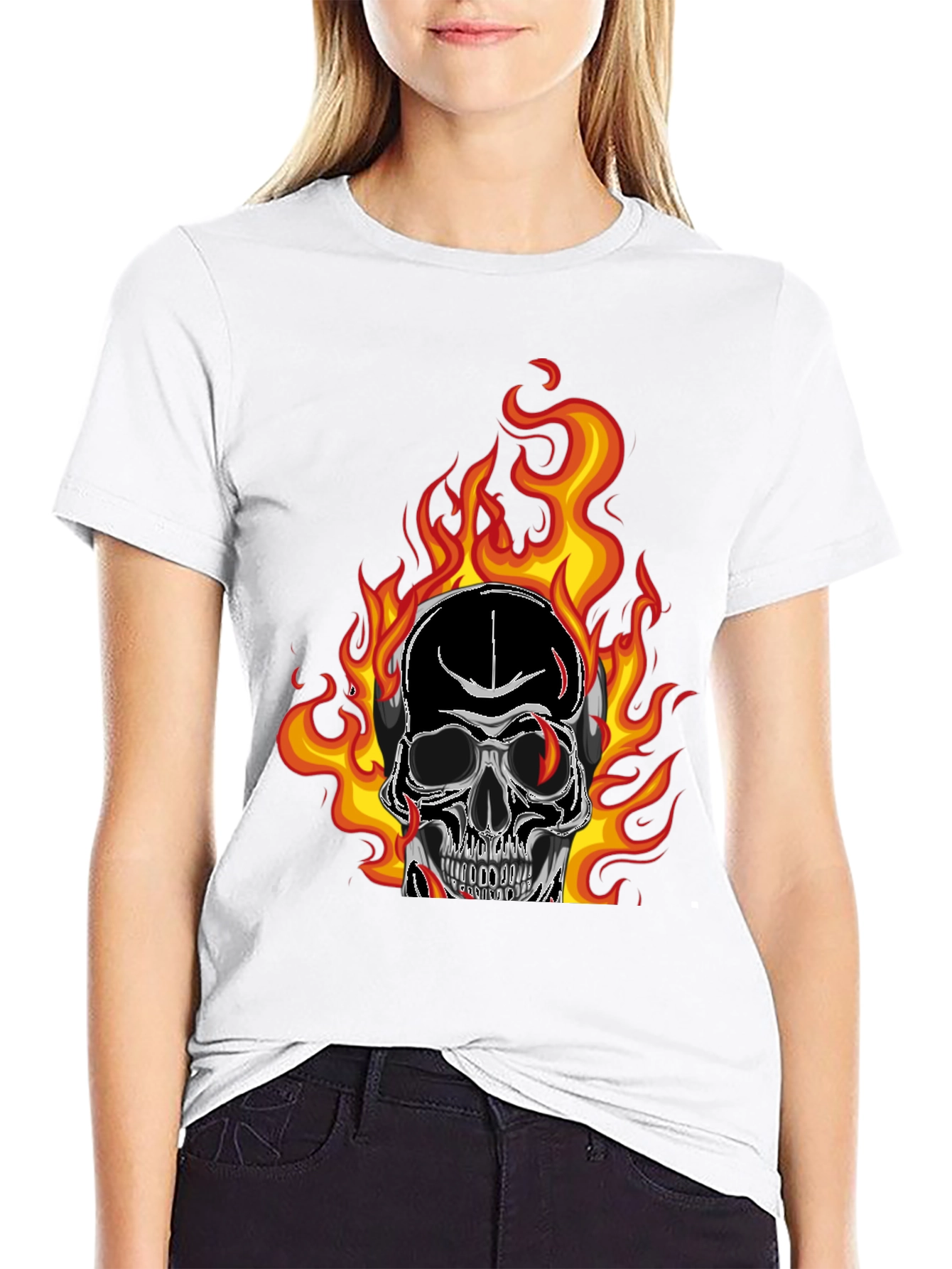 Flaming Skull Graphic Tee - Black Cotton T-Shirt