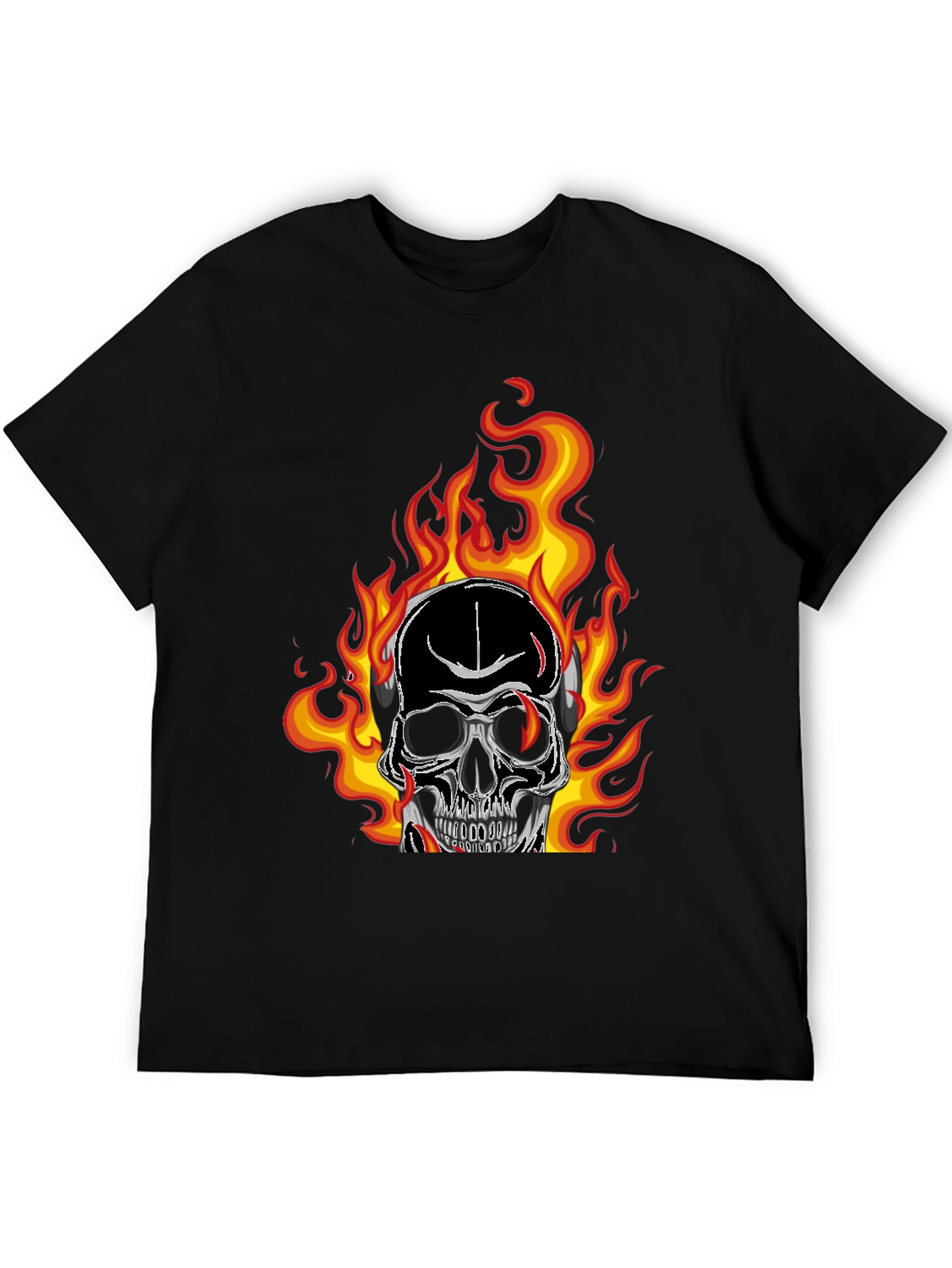 Flaming Skull Graphic Tee - Black Cotton T-Shirt
