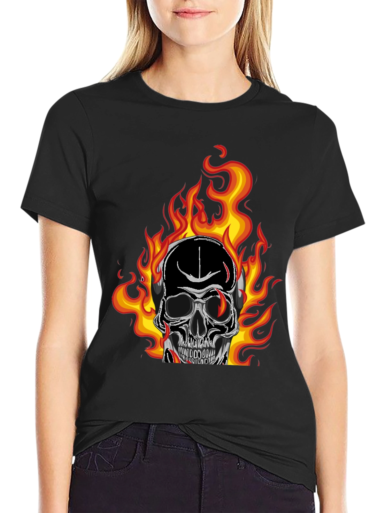 Flaming Skull Graphic Tee - Black Cotton T-Shirt