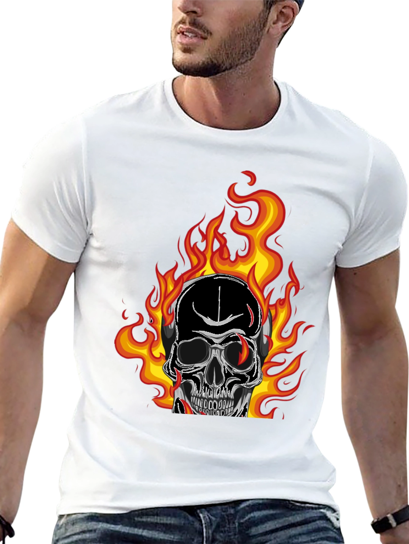 Flaming Skull Graphic Tee - Black Cotton T-Shirt