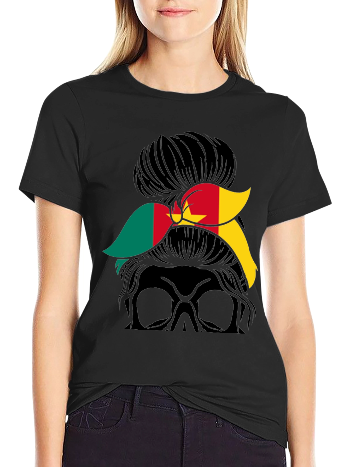 Cameroon Flag Messy Bun T-Shirt