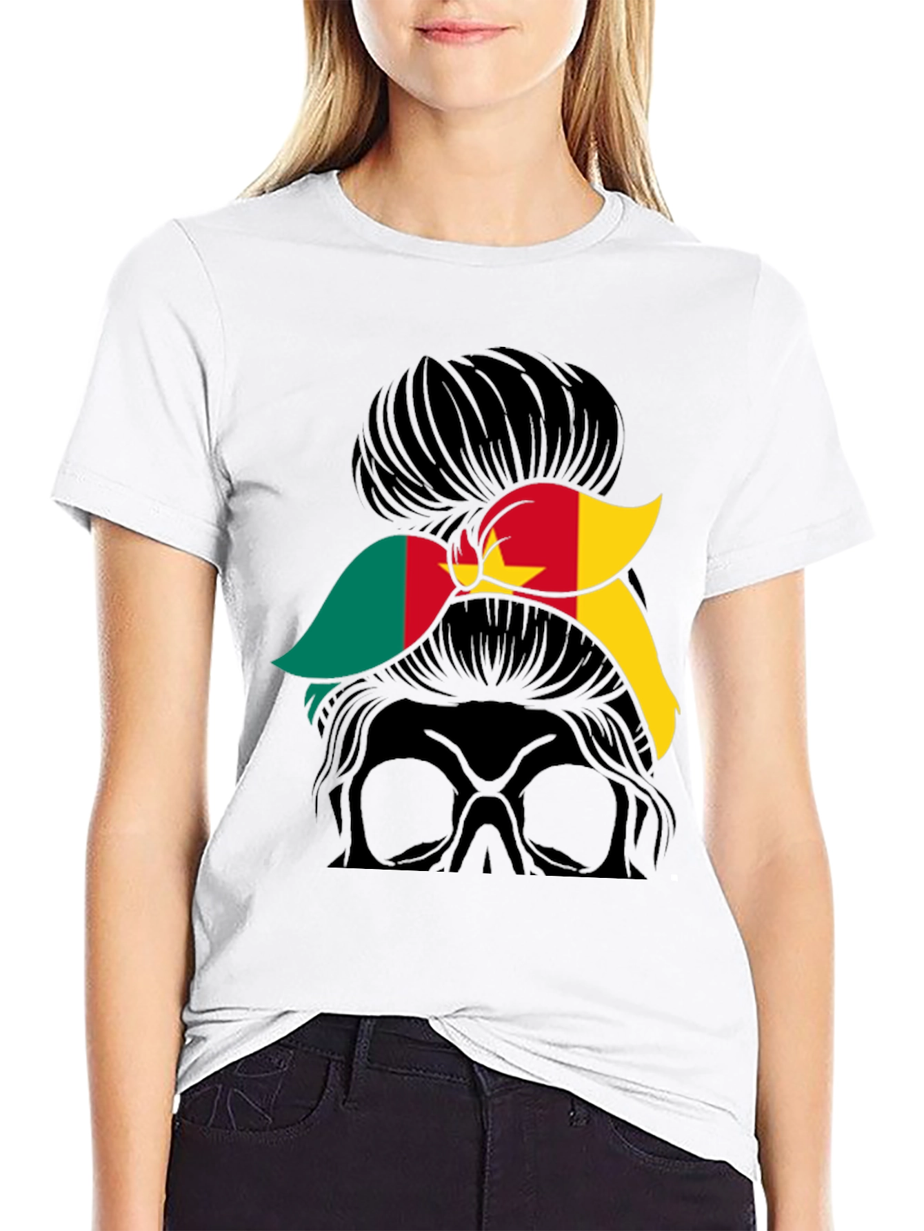 Cameroon Flag Messy Bun T-Shirt