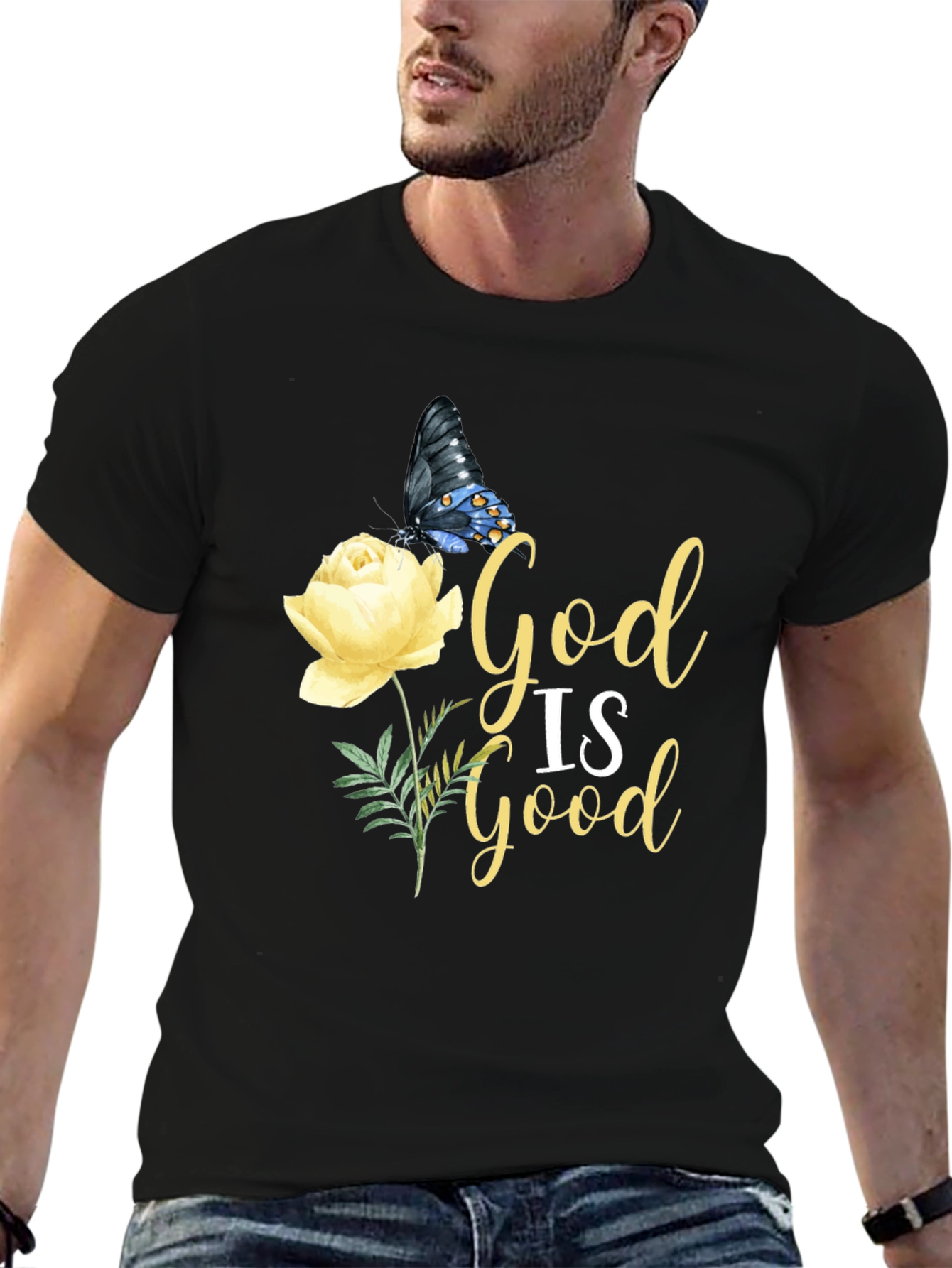 God is Good T-Shirt with Butterfly & Rose Design