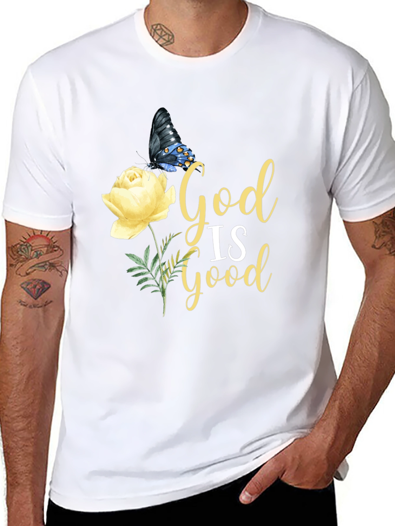 God is Good T-Shirt with Butterfly & Rose Design
