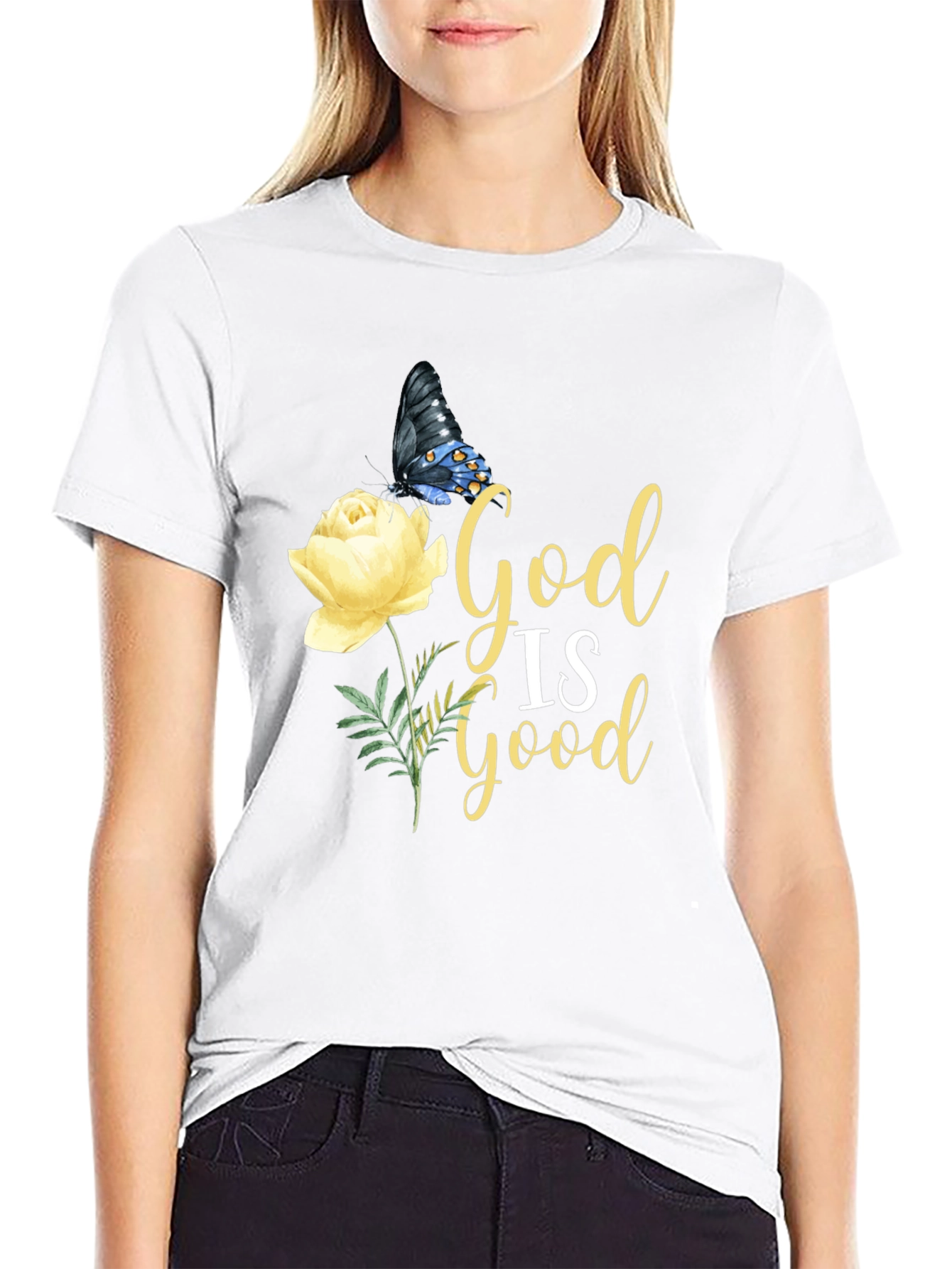 God is Good T-Shirt with Butterfly & Rose Design