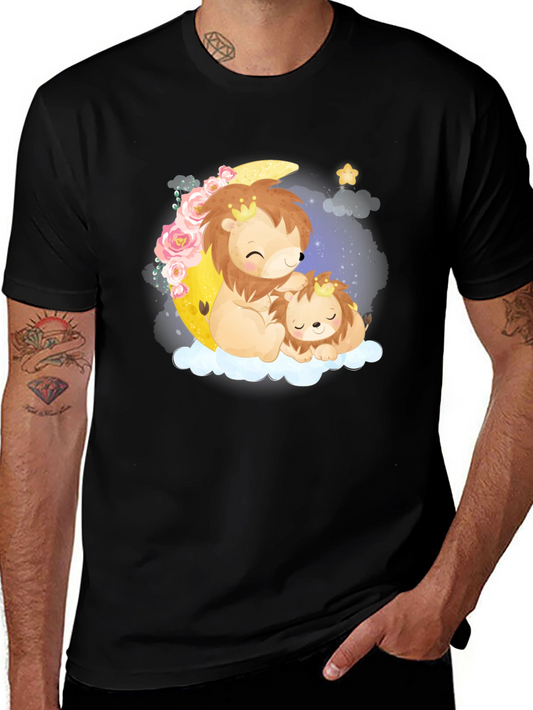 Cute Lion & Cub on Moon Black T-Shirt