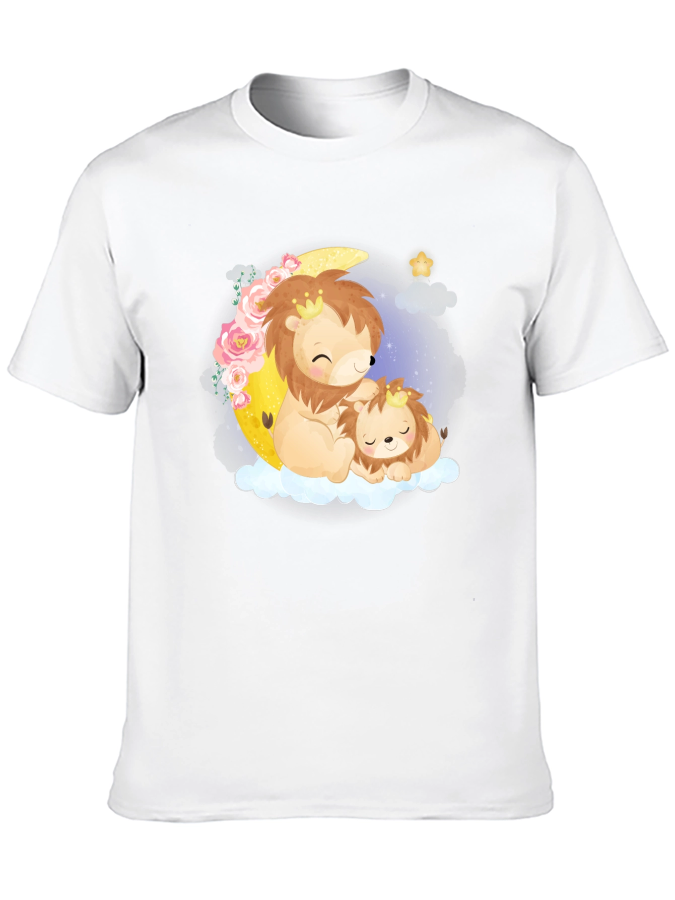 Cute Lion & Cub on Moon Black T-Shirt