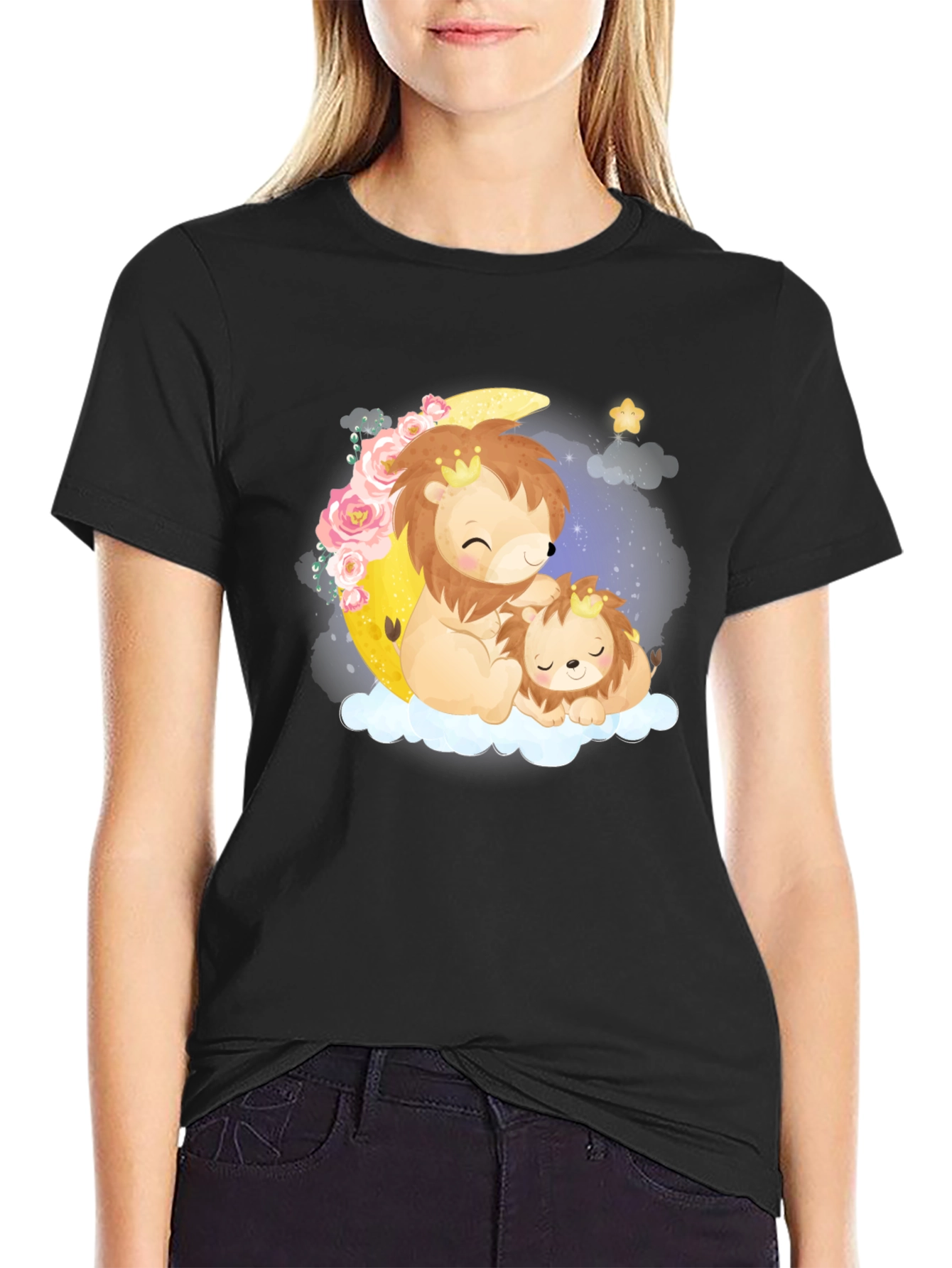 Cute Lion & Cub on Moon Black T-Shirt