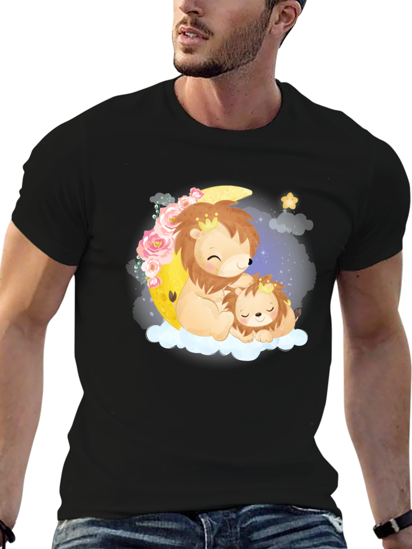 Cute Lion & Cub on Moon Black T-Shirt