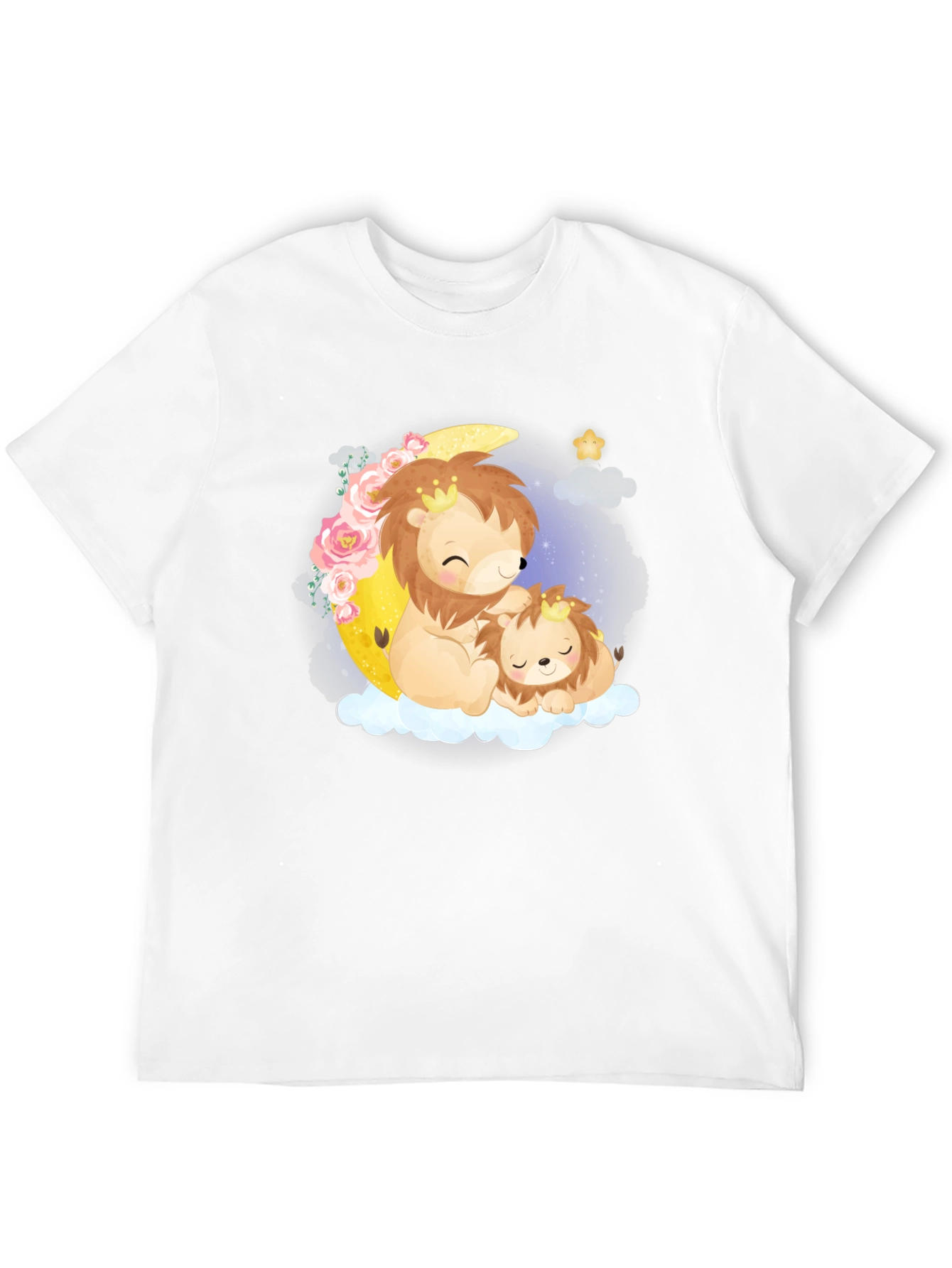 Cute Lion & Cub on Moon Black T-Shirt